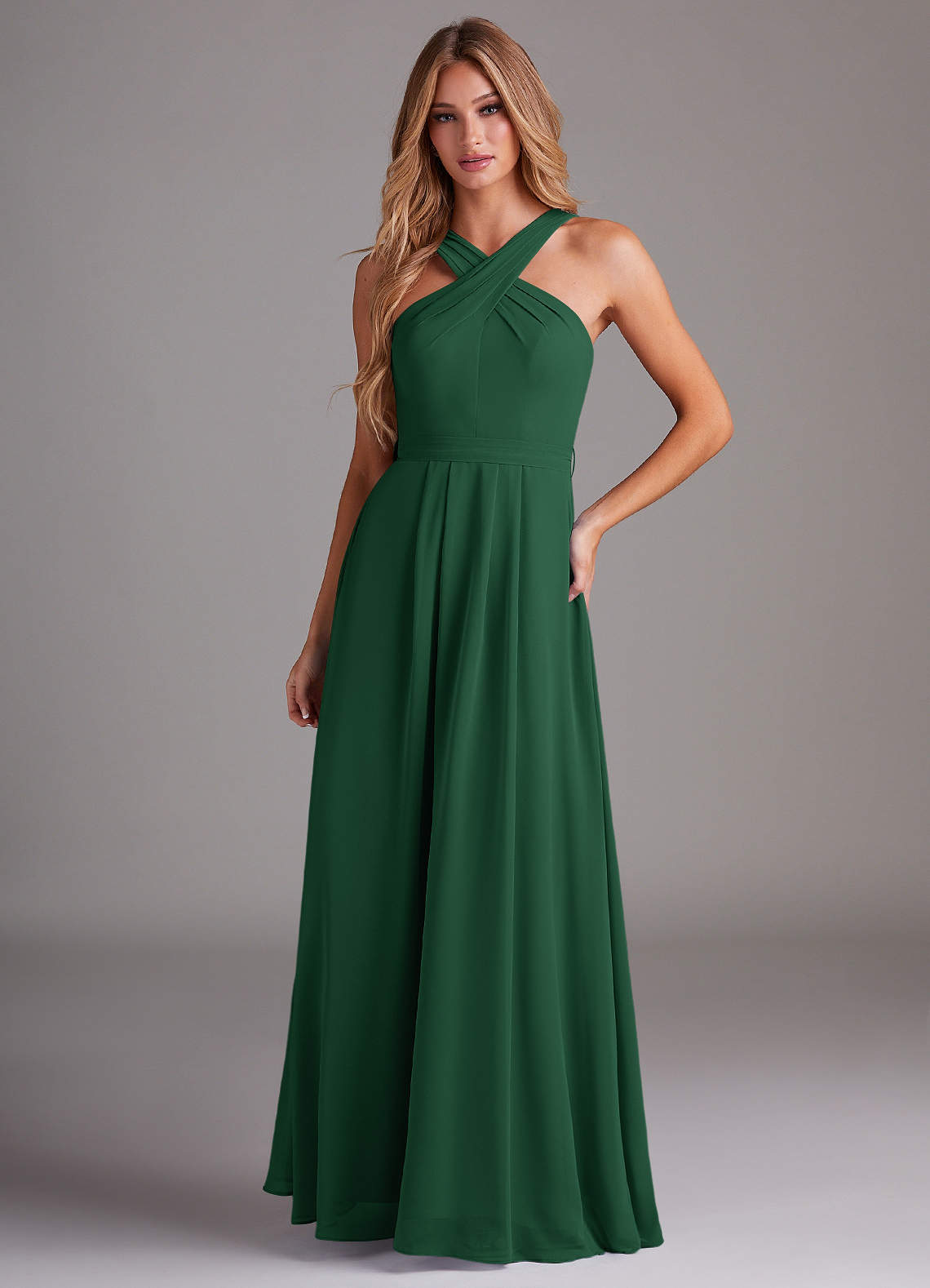 Azazie Dixie Bridesmaid Dresses Dark Green A-Line Halter Pleated Chiffon Dress image1