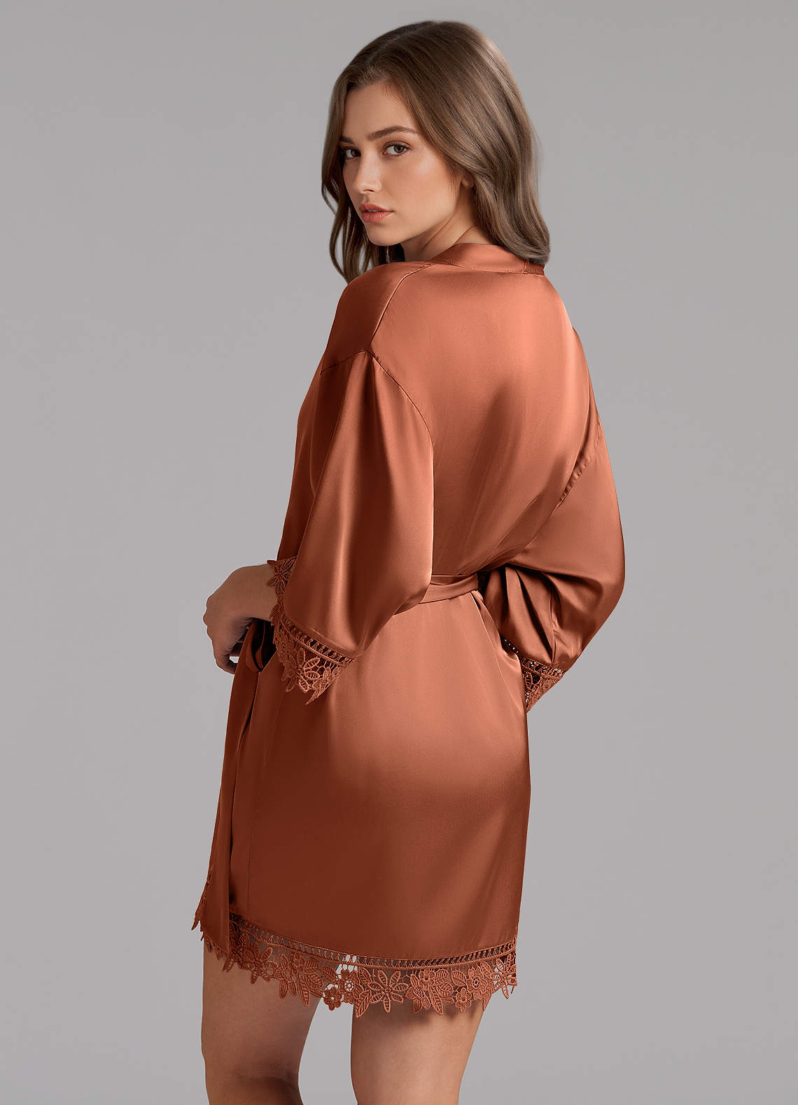 front Matching Color Satin Lace Robe