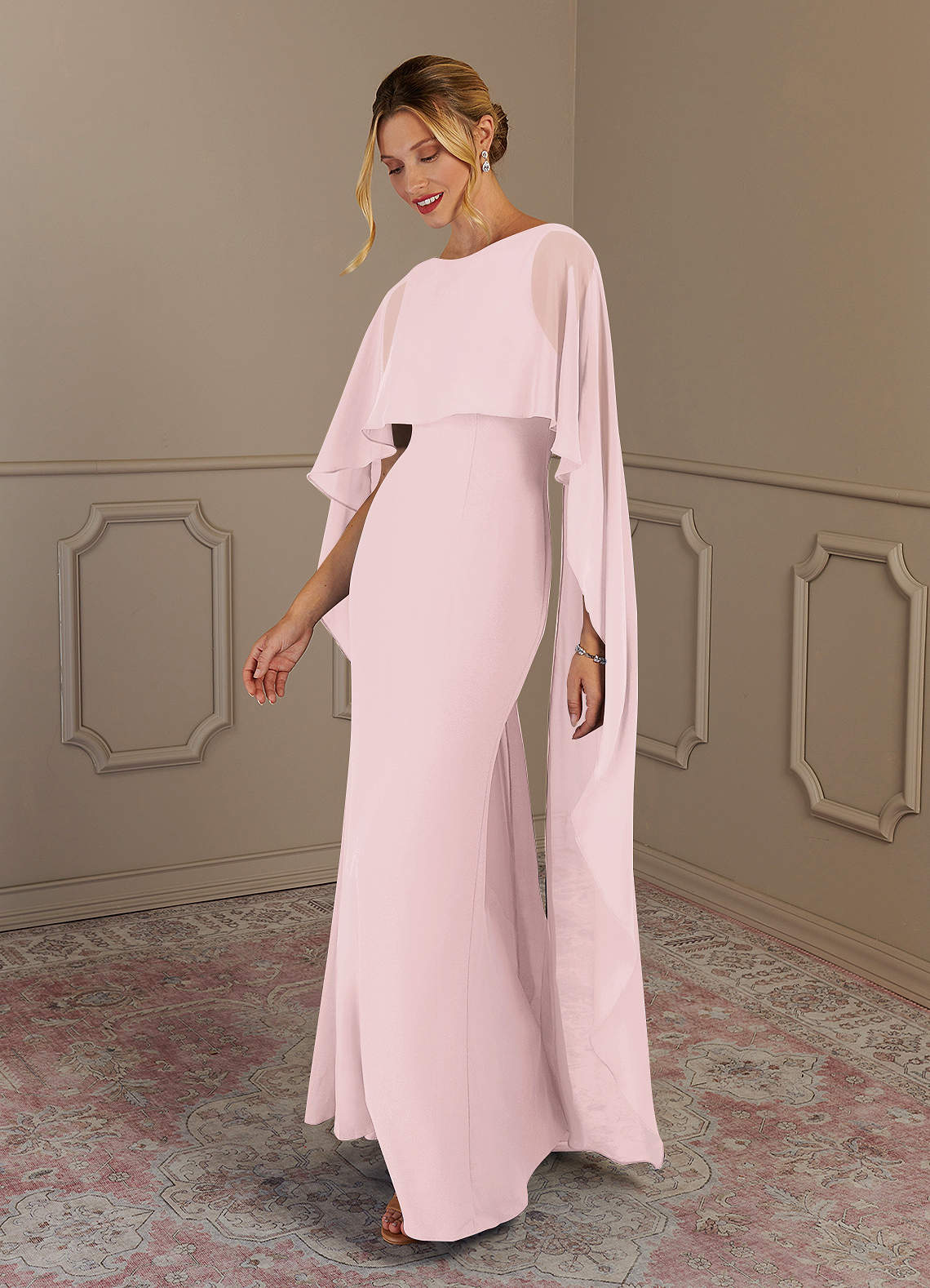 Azazie Plus Size Sheath Scoop Floor Length Chiffon Mother of Groom Bride Dresses Blushing Pink