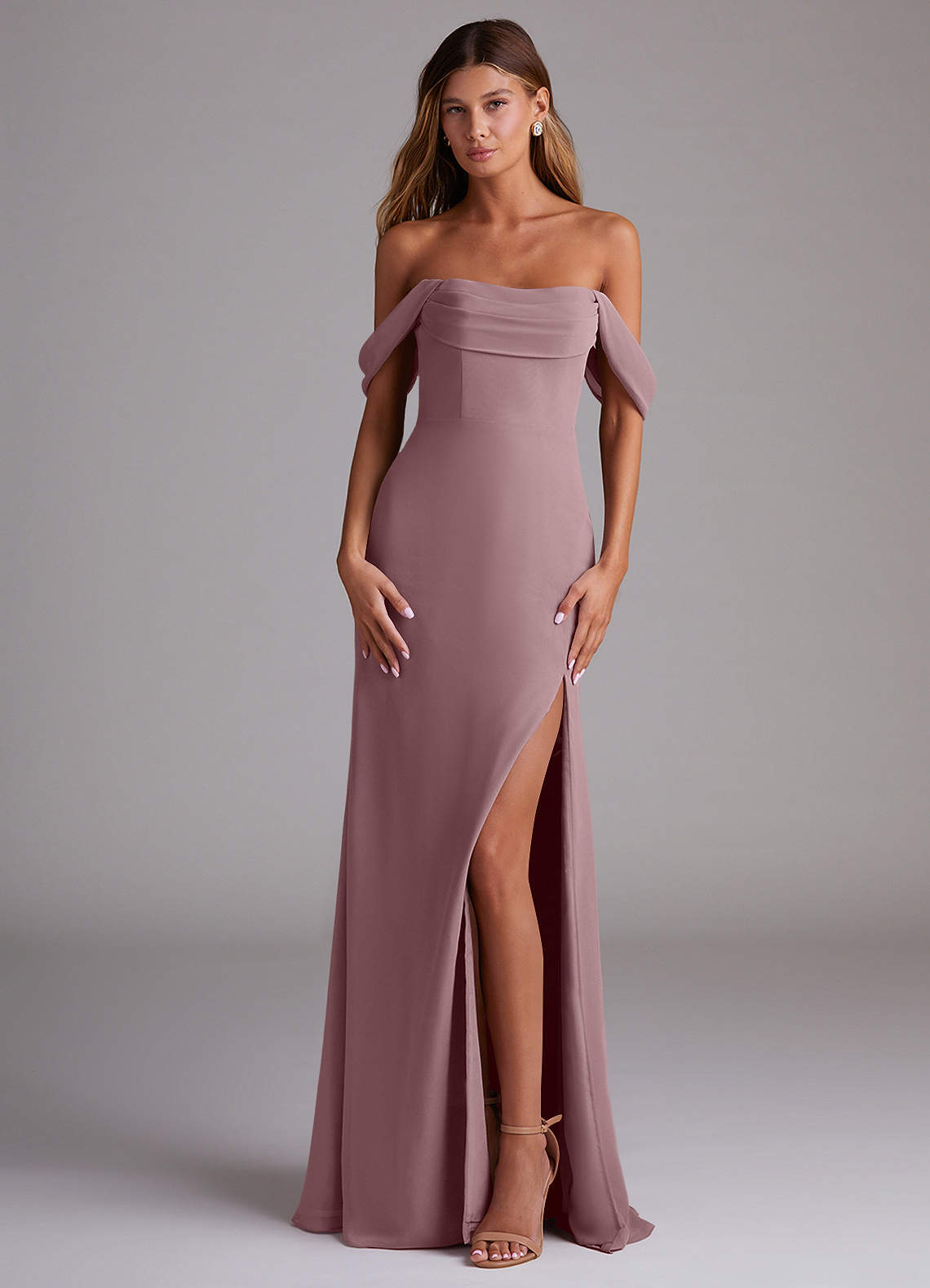 Azazie Saige Bridesmaid Dresses Dusty Rose A-Line Off the Shoulder Chiffon Convertible Dress image1