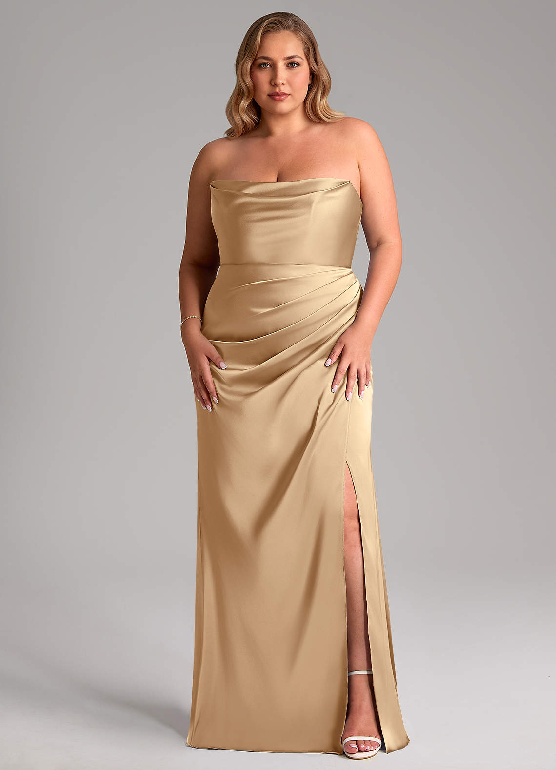 Azazie Leonis Bridesmaid Dresses Champagne Mermaid Pleated Stretch Satin Convertible Dress image1