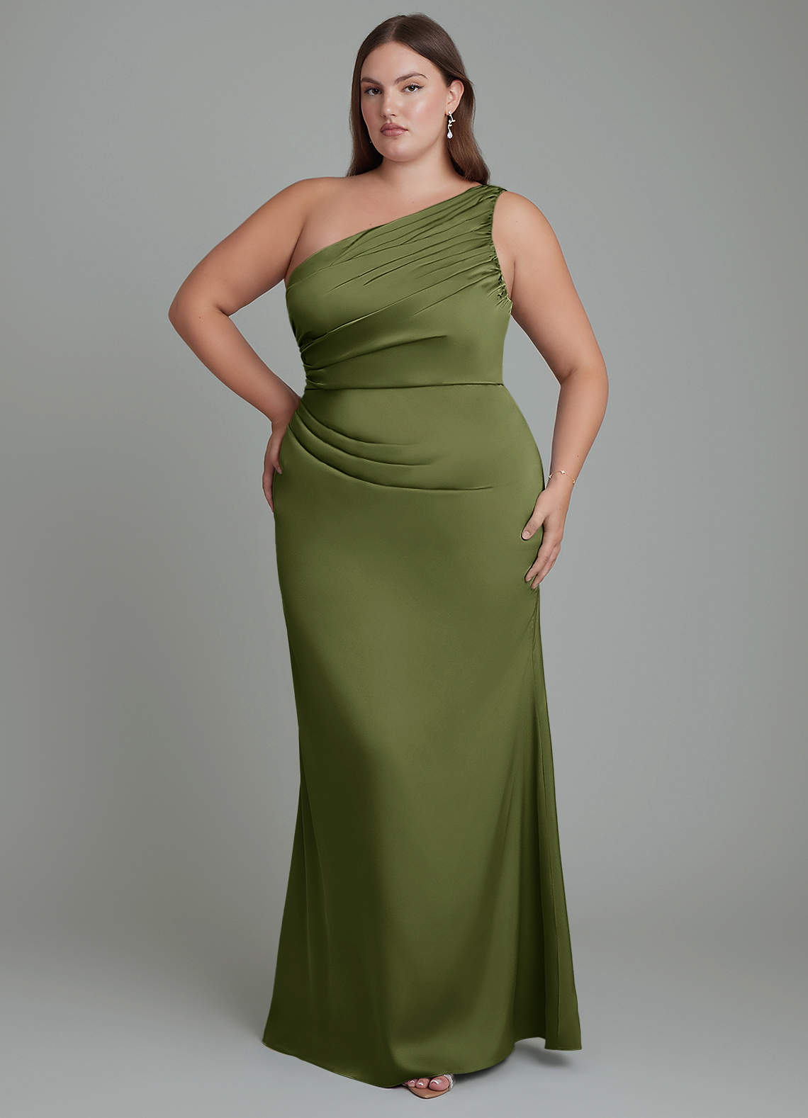 Azazie Akilah Brudtärnklänningar Klänning av Sjöjungfru i Stretch Satin One-shoulder Oliv image1