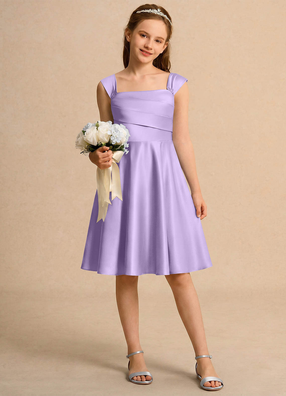 girls purple formal dress Azazie Budle Lilac A-Line Pleated Matte Satin dance