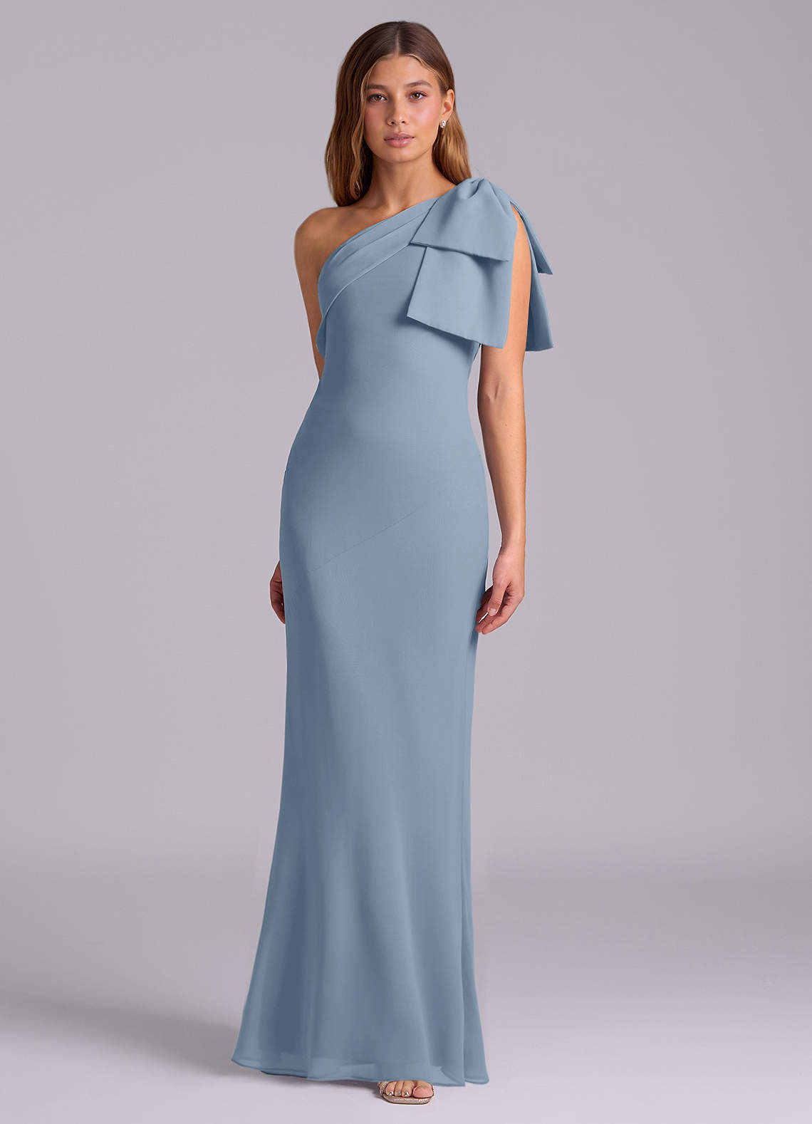 Azazie Yuanna At-home Try On Dresses Dusty Blue Mermaid One Shoulder Chiffon Dress image4