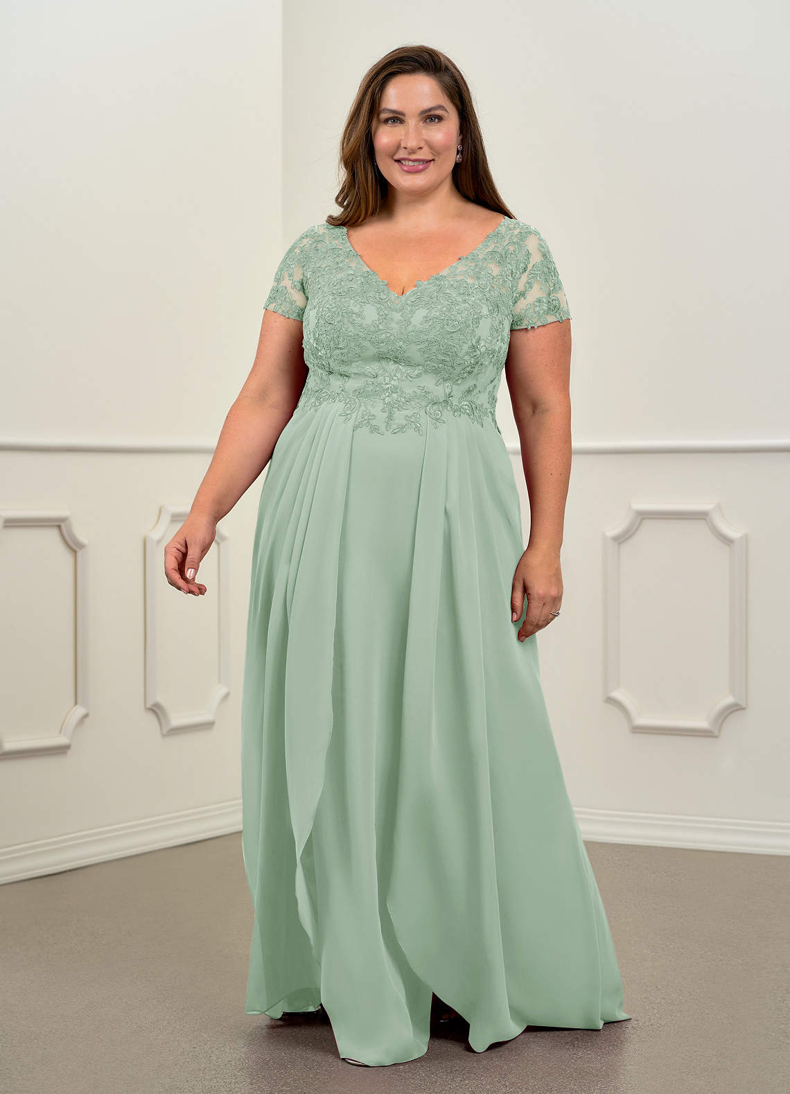 Azazie Dunja Mother of the Bride Dresses Agave A-Line V-Neck Lace Chiffon Dress image1
