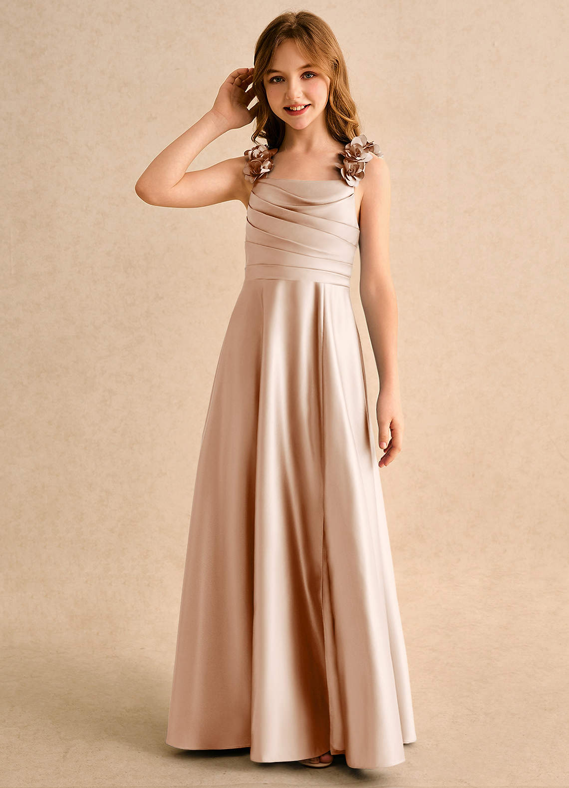 Azazie Rosita Girls Formal Robe Demoiselle D'honneur Fillette Robe Trapèze en Mat Satiné Plissée Rose Anglais image5