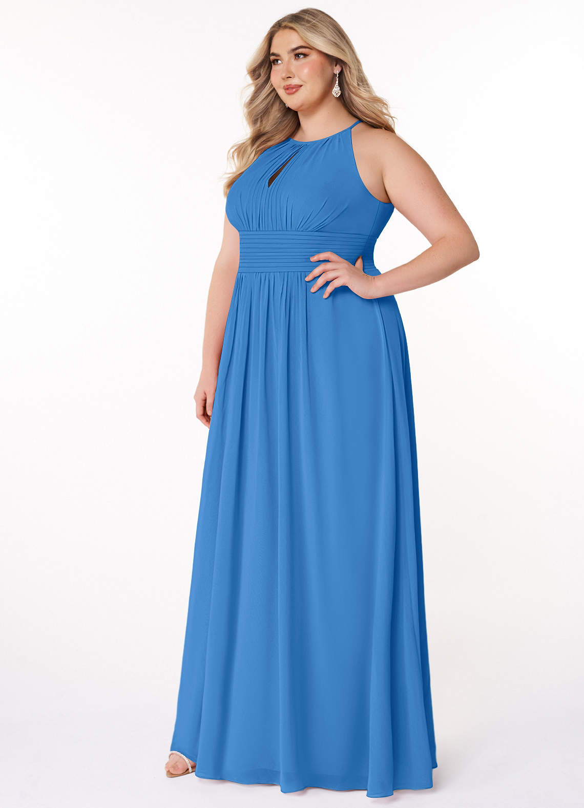 Azazie Bonnie Vestidos de damas de honor Vestido de Azul Grisaceo de Gasa de Corte en A con Cuello de pico fruncido image7