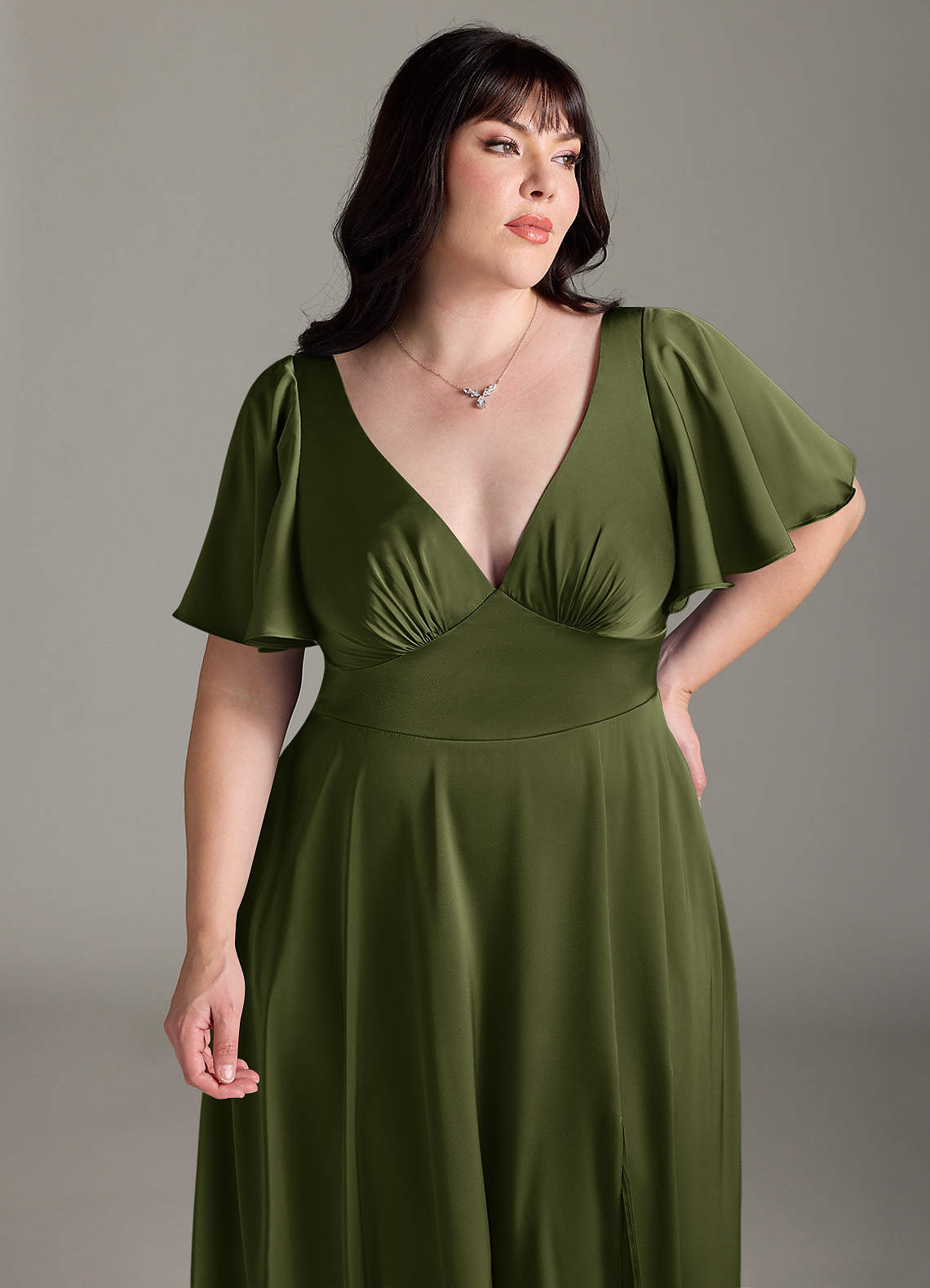 Azazie Kimber Bridesmaid Dresses Olive A-Line Ruched Stretch Satin Dress image10