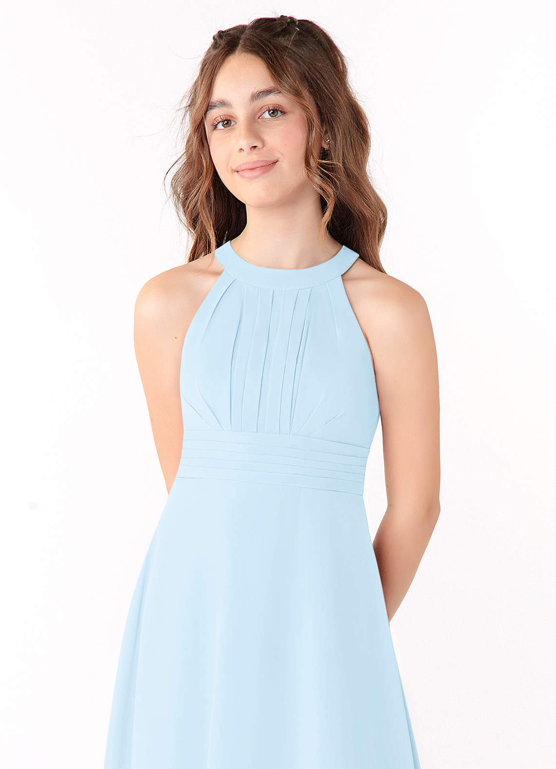 Azazie Linna Junior Vestido de Azul Cielo de Gasa de Corte En A con Plisado image3