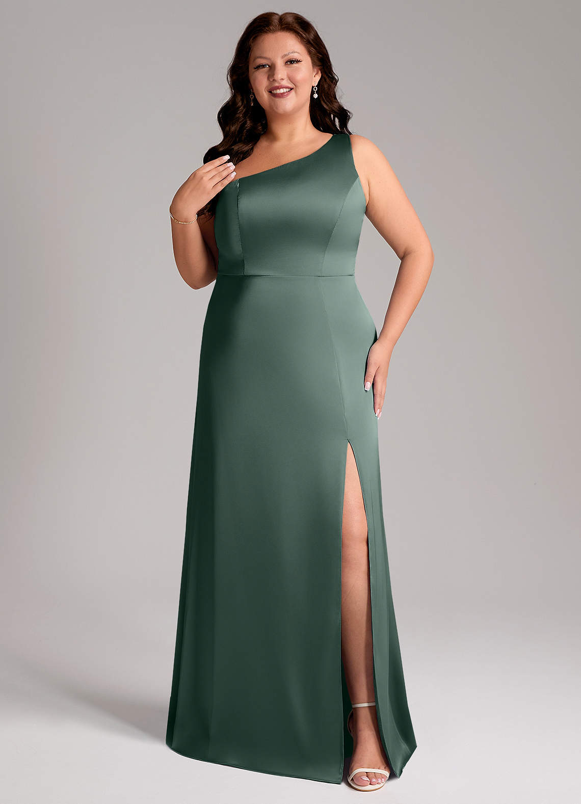 Azazie Phaedra Bridesmaid Dresses Sea Moss A-Line One Shoulder Stretch Satin Dress image1