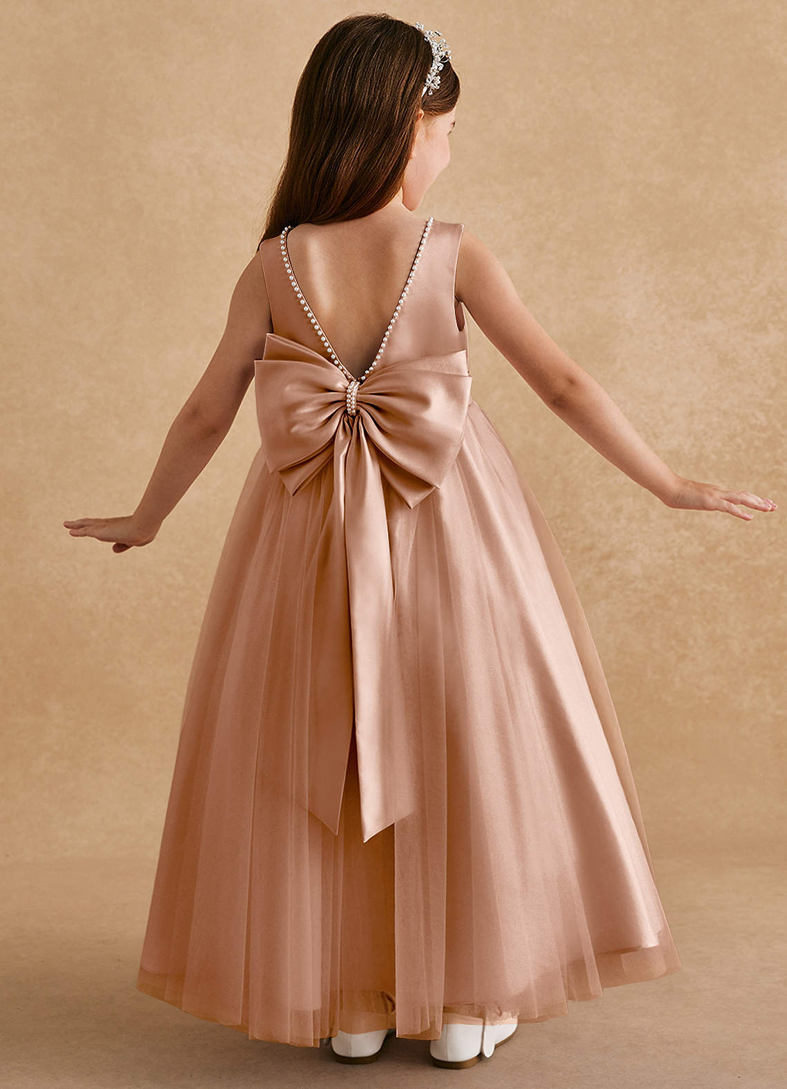 Azazie Cookie Flower Girl Dresses Champagne Rose A-Line Bow Tulle Dress image1