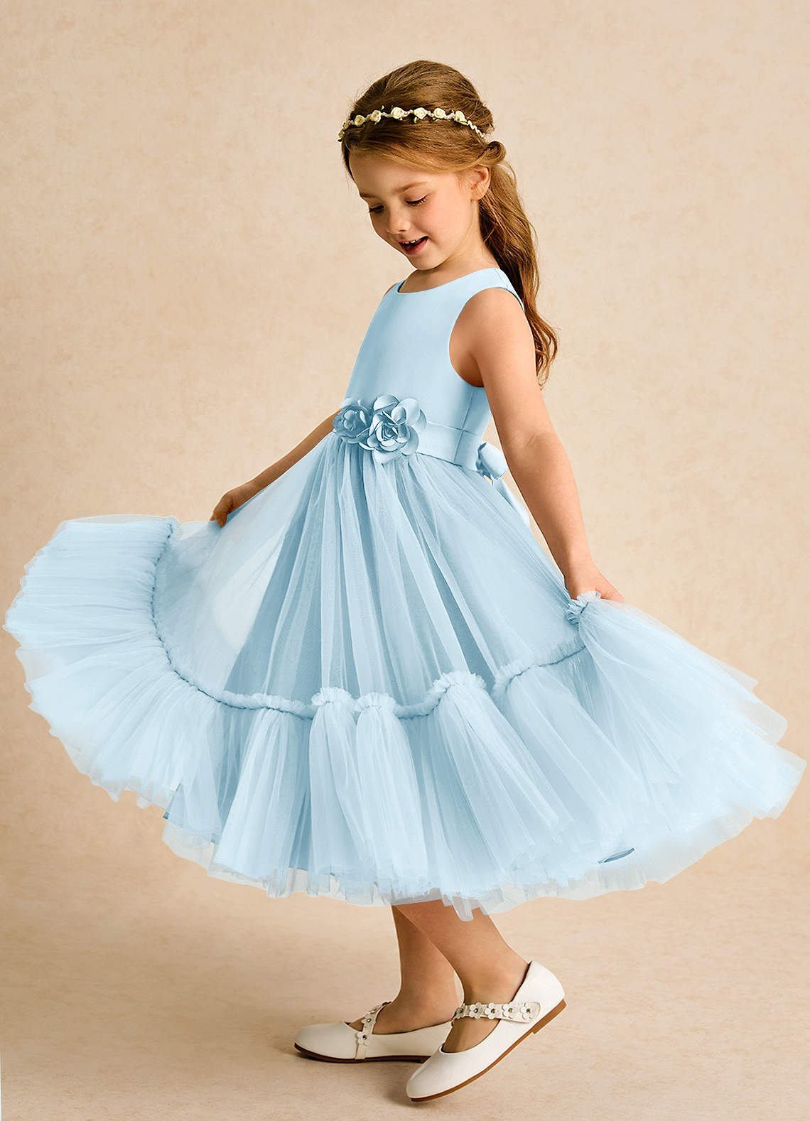 Azazie Miracle Flower Girl Dresses Sky Blue A-Line Bow Matte Satin Dress image1