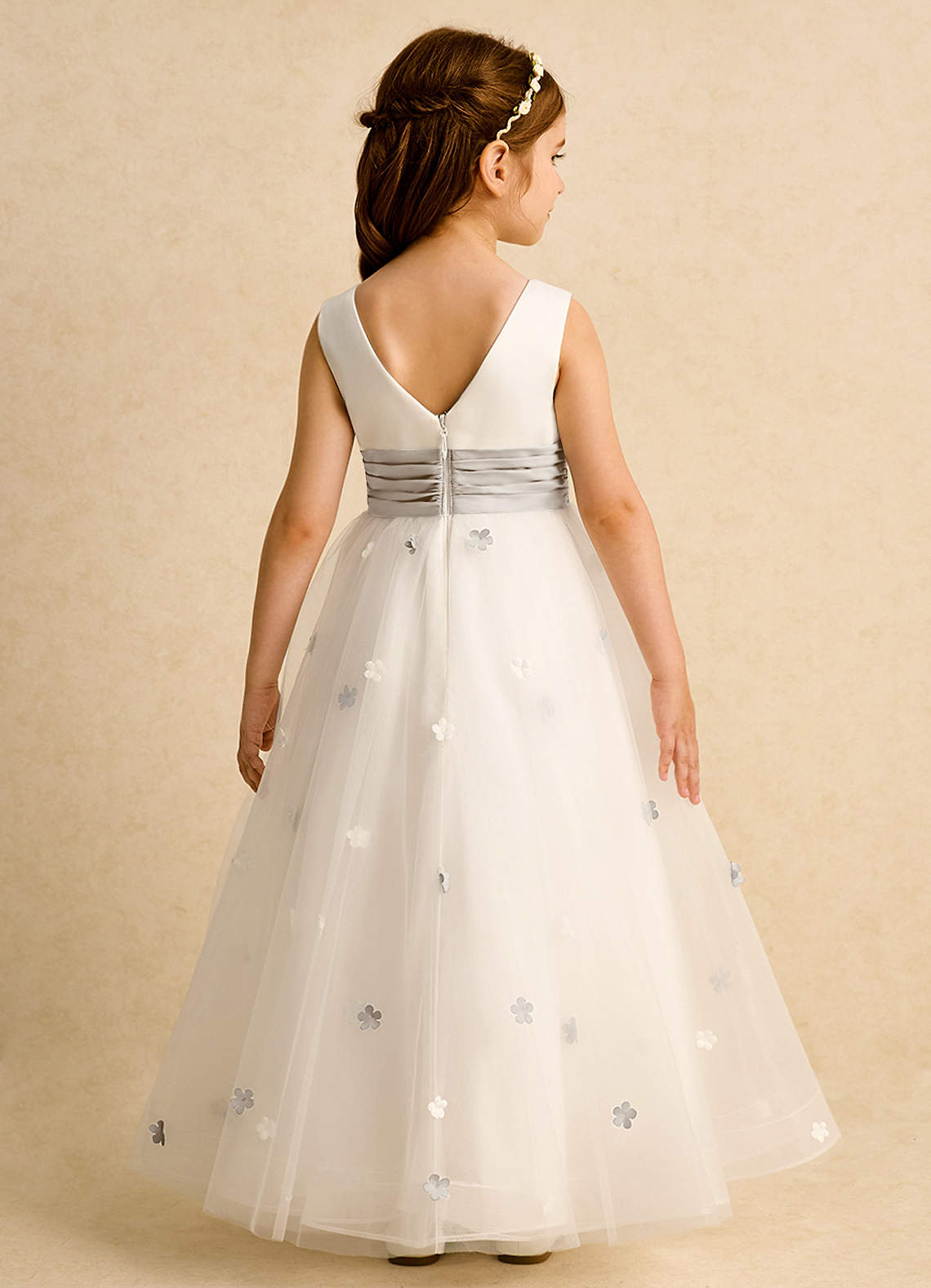 Azazie Cricket Flower Girl Dresses Ivory Frost Ball-Gown Pleated Matte Satin Dress image1