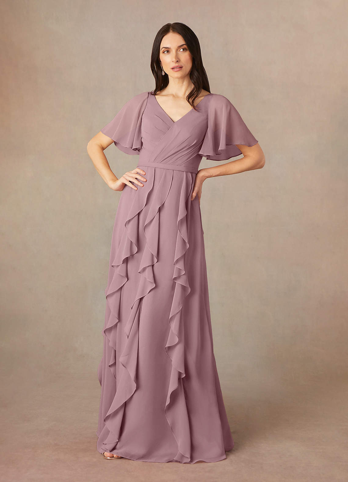 Azazie Watson vestidos de madre de la novia Vestido de Rosa Polvorienta de Gasa de Corte En A con Cuello en V image1