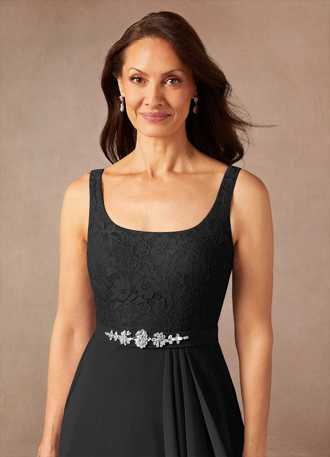 Azazie Ainsling Black A-Line Square Neckline Lace Chiffon