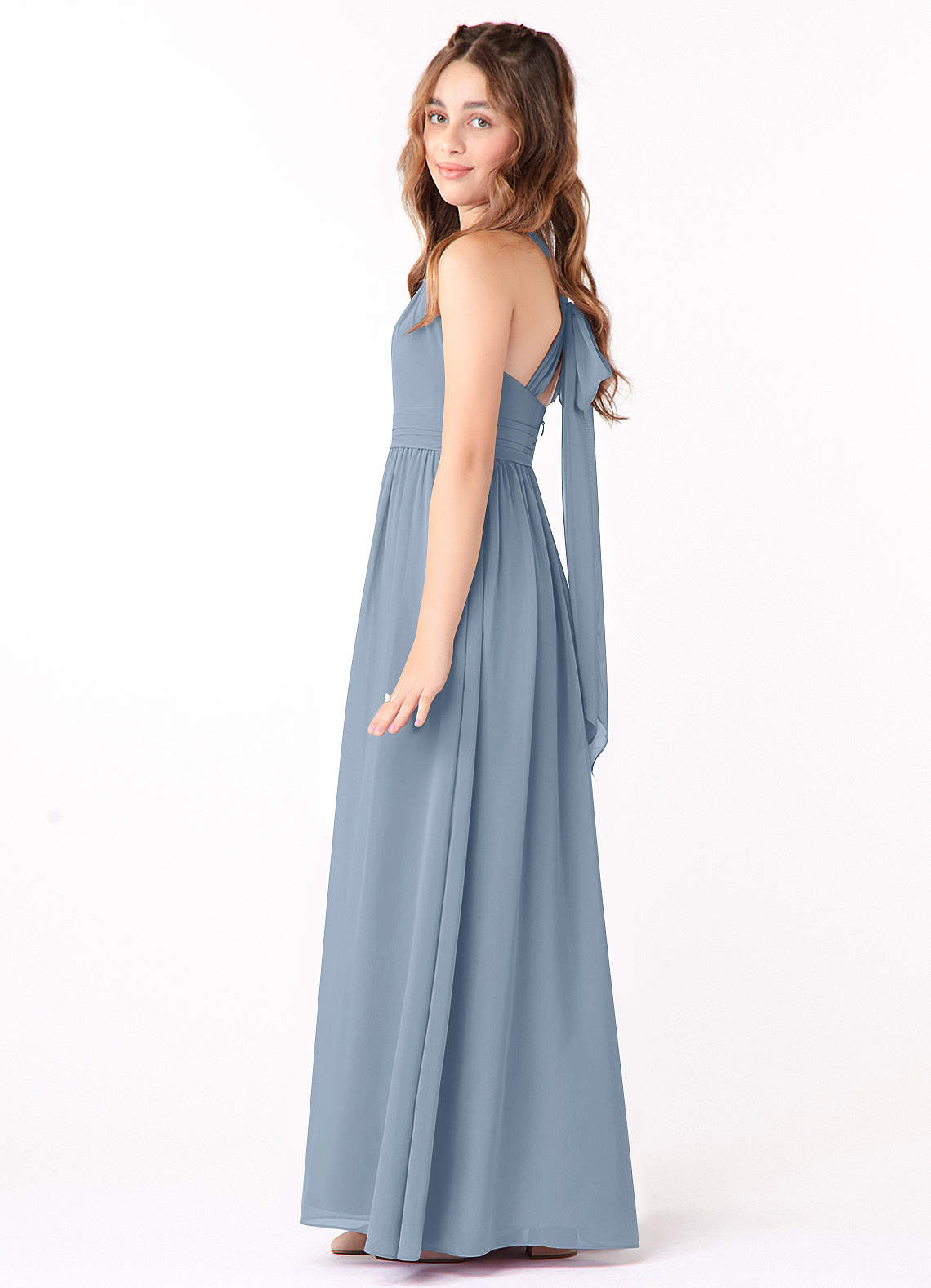 Azazie Jaylah Junior Dusty Blue A-Line Ruched Chiffon Dress image2