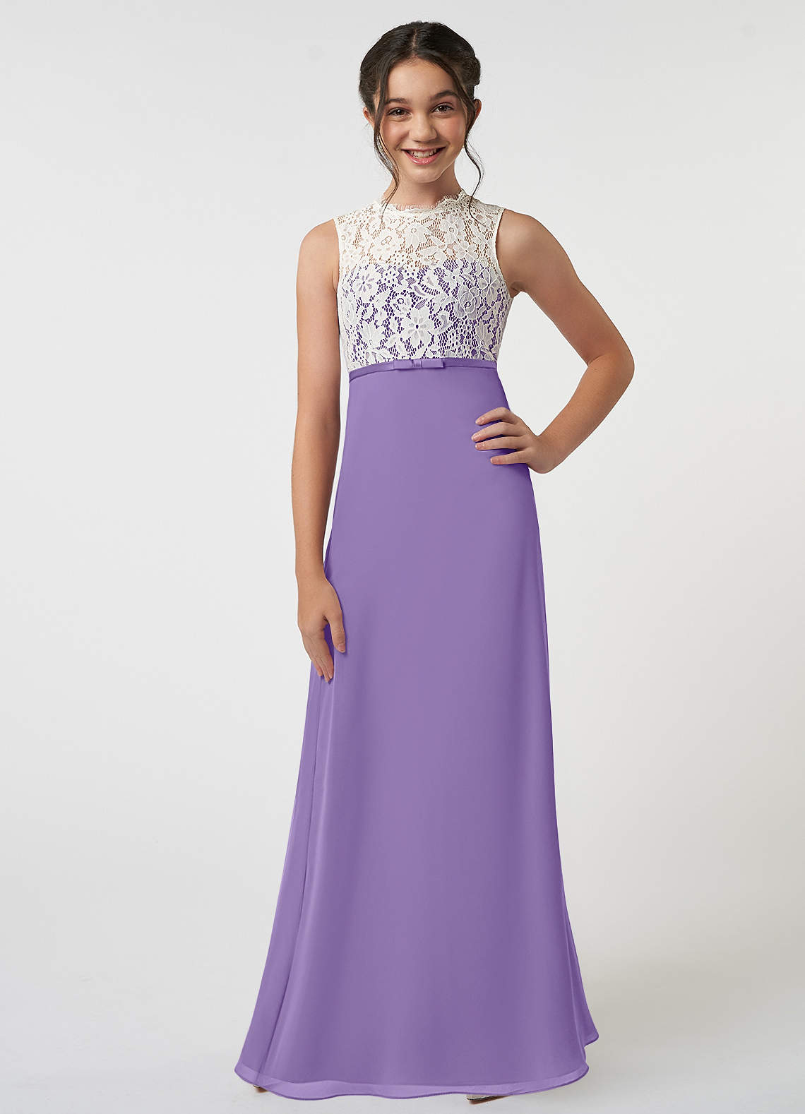 Azazie Rana Junior Robe Trapèze en Mousseline de soie Dentelle Tahiti image1
