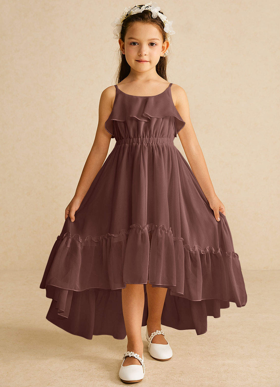 Azazie Karmen Flower Girl Dresses Espresso A-Line Ruched Chiffon Dress image1