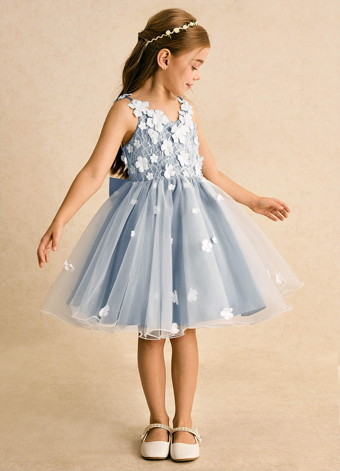Azazie Junebug Flower Girl Dresses Ivory Dusty Blue Ball-Gown Lace Tulle Dress image3