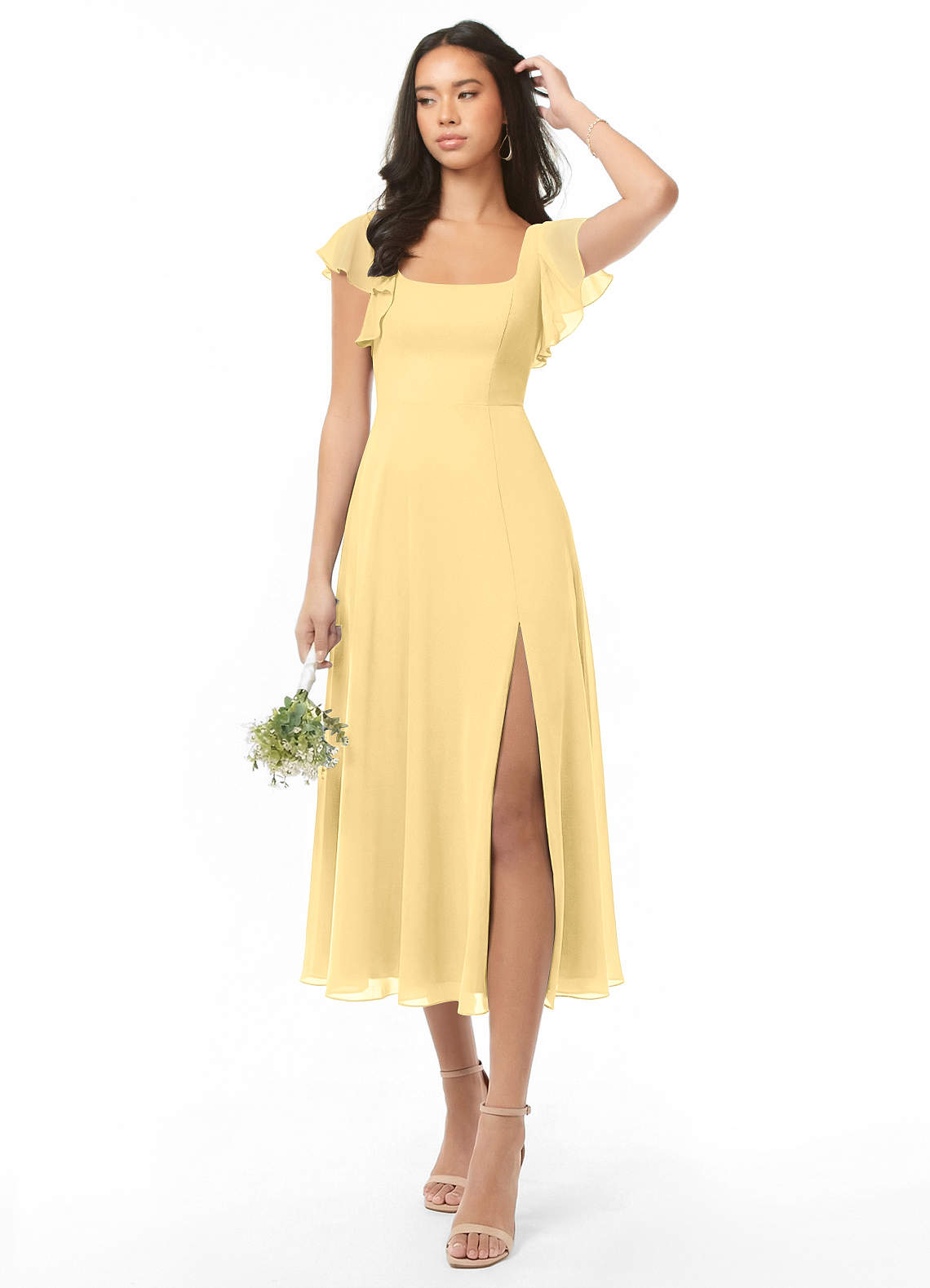 yellow tea length bridesmaid dresses Short Sleeve V-Neck Chiffon A-Line Bridesmaid Dress in Pastel Yellow, Pastel Yellow / 16