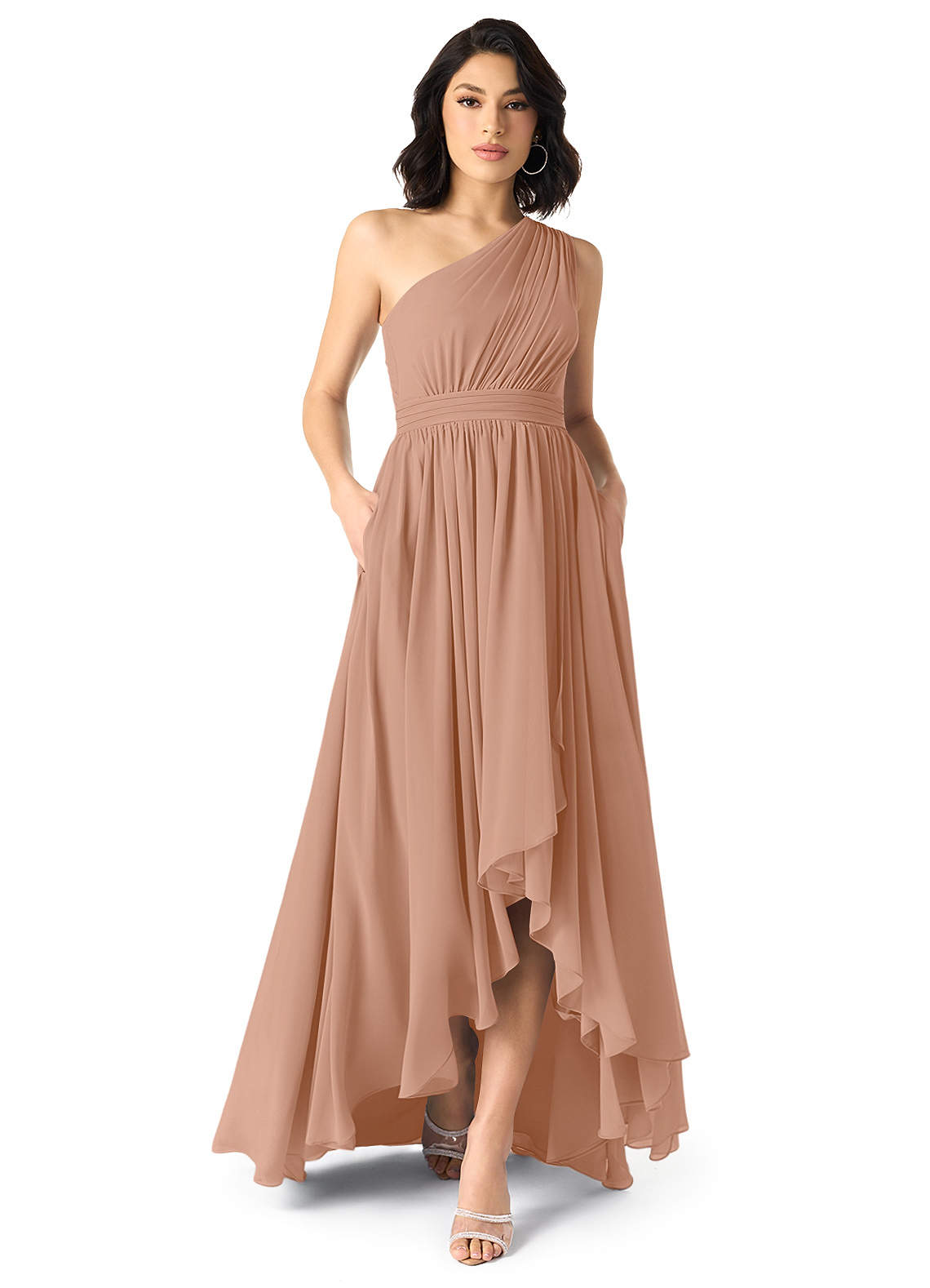 Azazie Mathilda Bridesmaid Dresses Champagne Rose A-Line One Shoulder Chiffon Dress image1