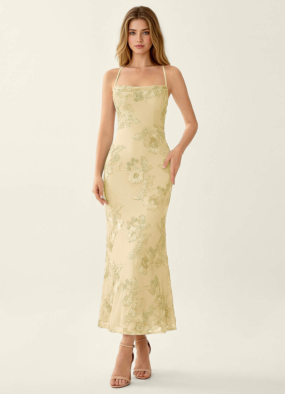 Azazie Lemon Sorbet Open Back Lace Up Cowl Formal Dress