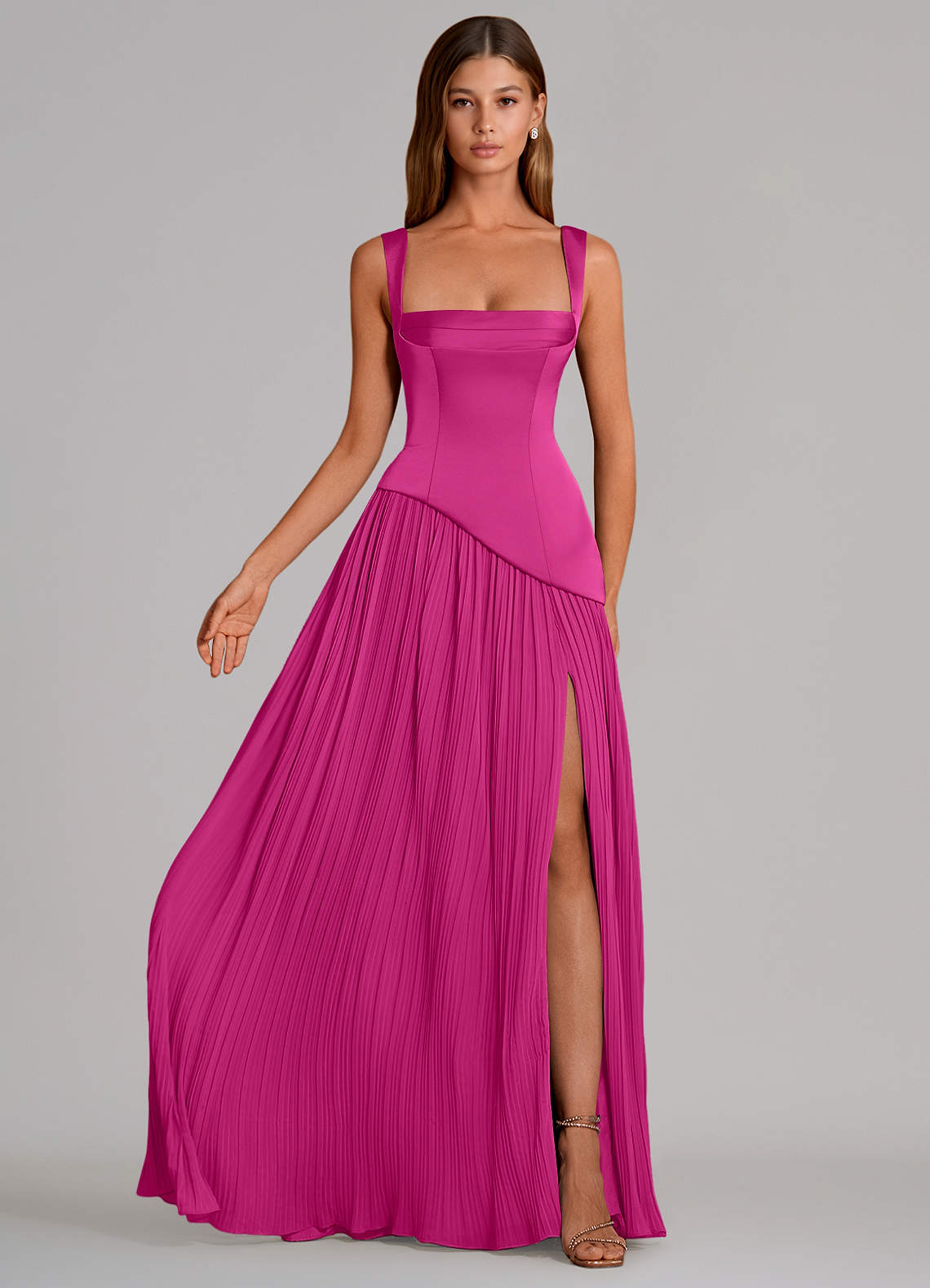 Azazie Stephanie Vestidos de damas de honor Vestido de Fucsia de Satén Elástico de Corte en A con Plisado image3
