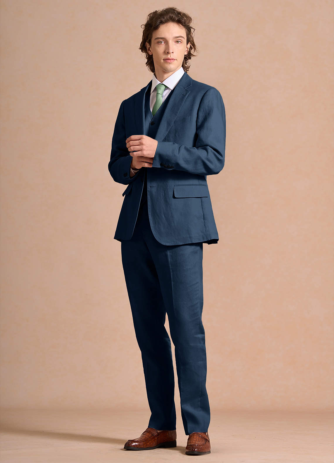 front Harrison 다크 네이비 100% 린넨 쓰리피스 정장