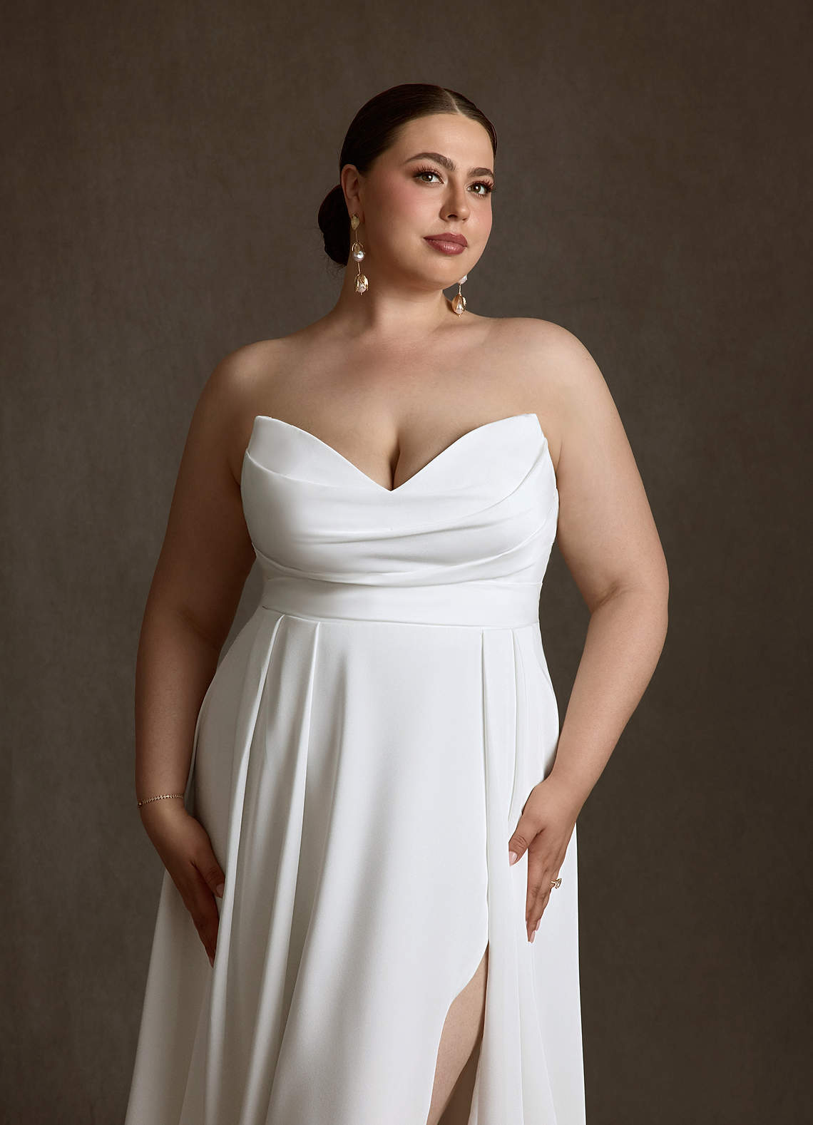 Azazie Marisela At-home Try On Dresses Diamond White A-Line Sequins Crepe Back Satin Dress image11