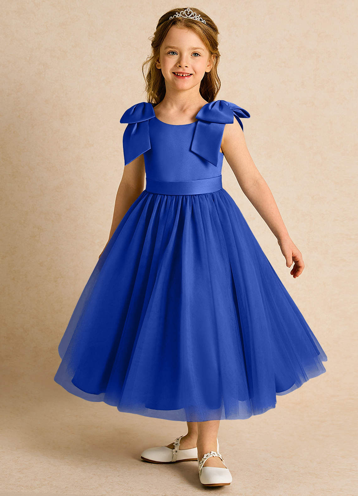 Azazie Serene Abiti da Ragazza di Fiori Abito Principessa in Raso Opaco Fiocco Blu Reale image1