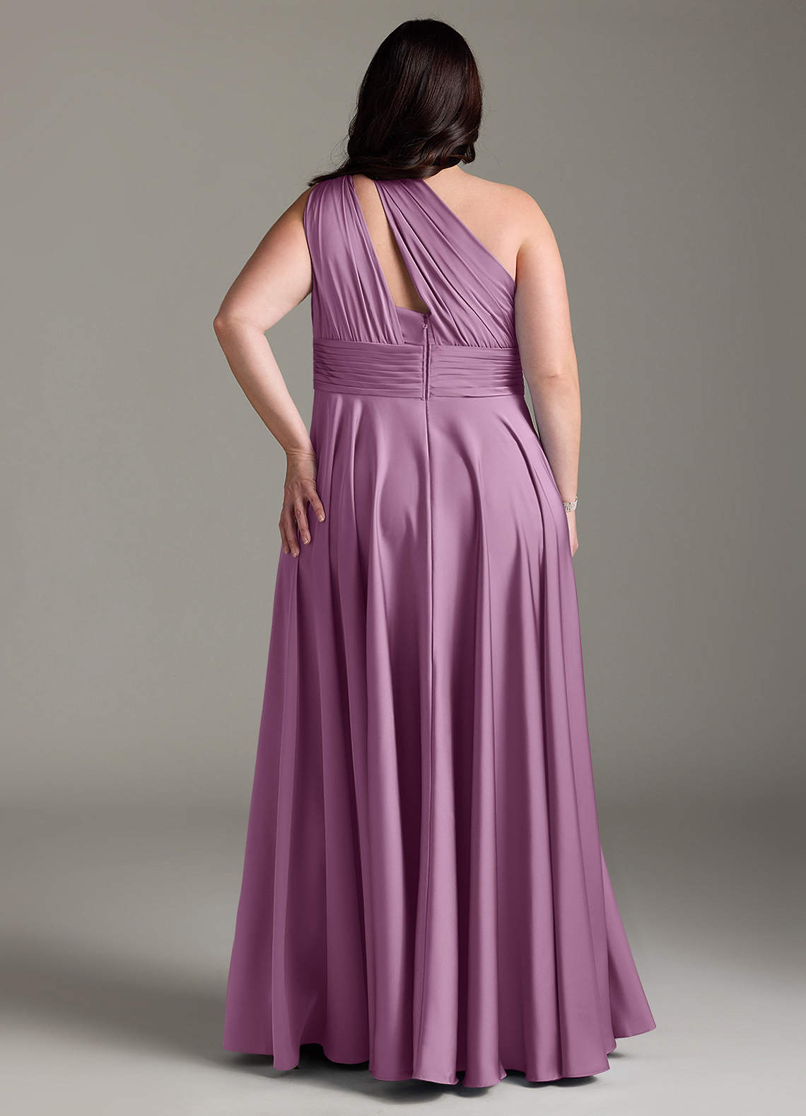 Azazie Charlize Bridesmaid Dresses Wisteria A-Line One Shoulder Stretch Satin Dress image9