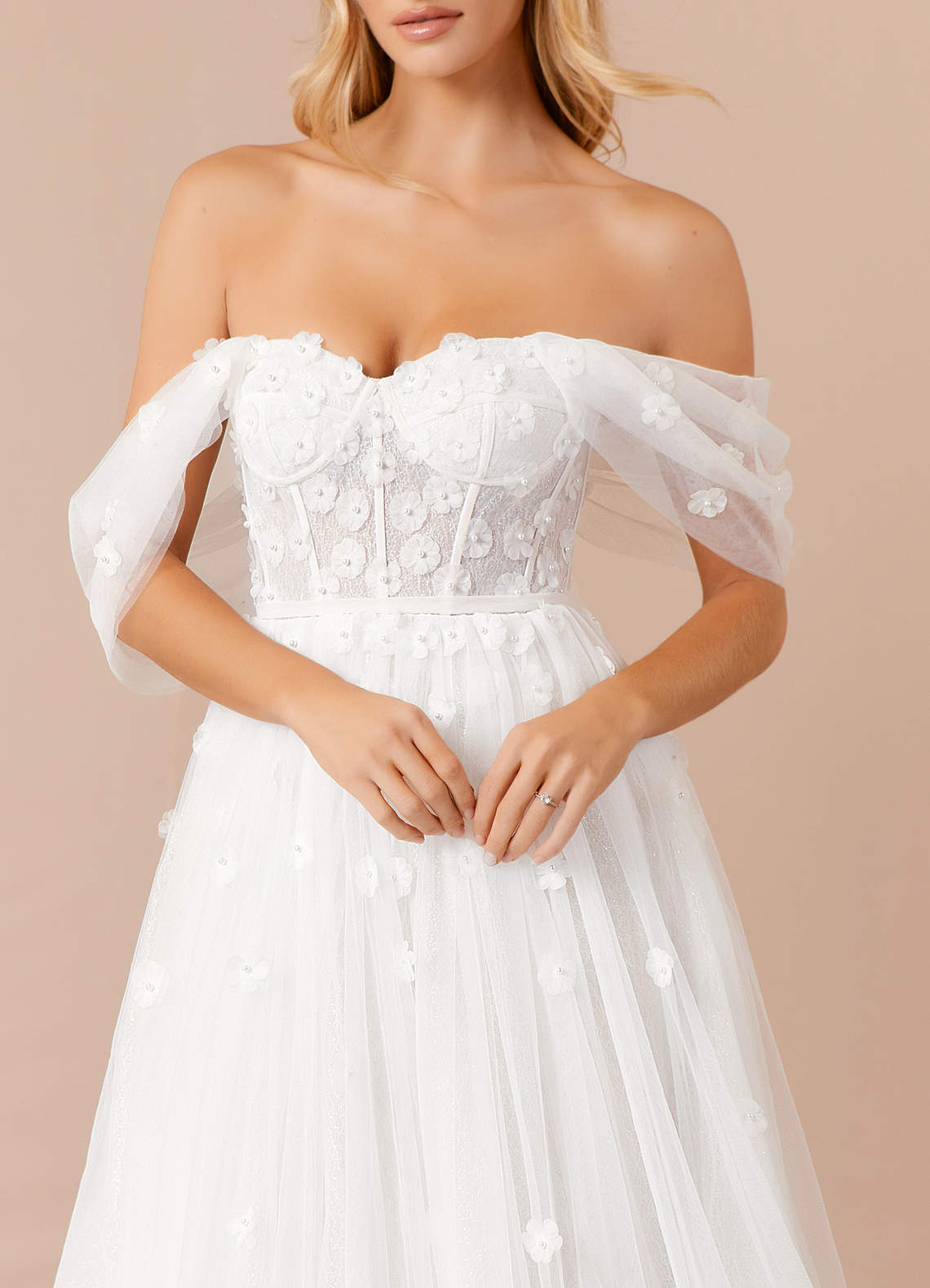 Azazie Airellie Wedding Dresses Diamond White A-Line Off the Shoulder Tulle Dress image6