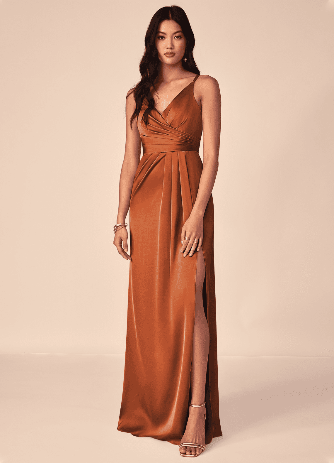 Azazie Aqua Bridesmaid Dresses Cinnamon A-Line V-Neck Pleated Stretch Satin Dress image1