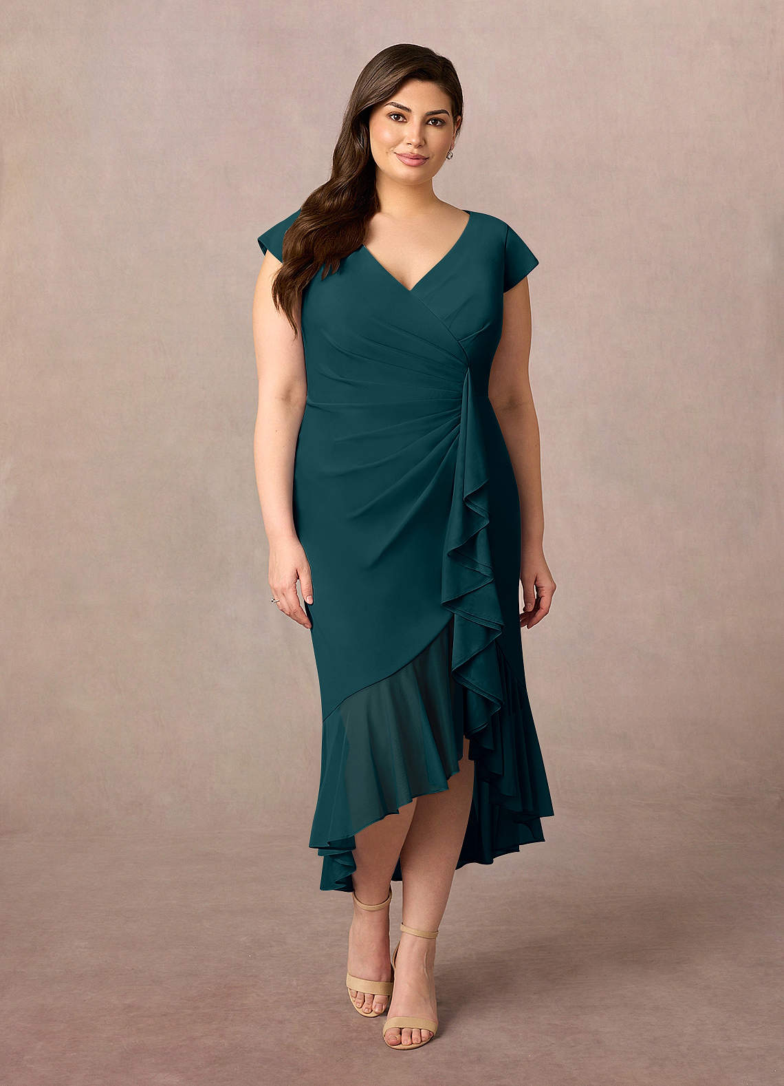 Azazie Renetta Final Sale Pine Sheath V-Neck Pleated Mesh Dress image1