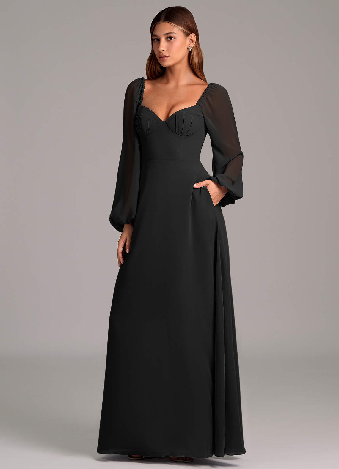 Azazie Annistyn Bridesmaid Dresses Black A-Line Long Sleeve Chiffon Dress image1