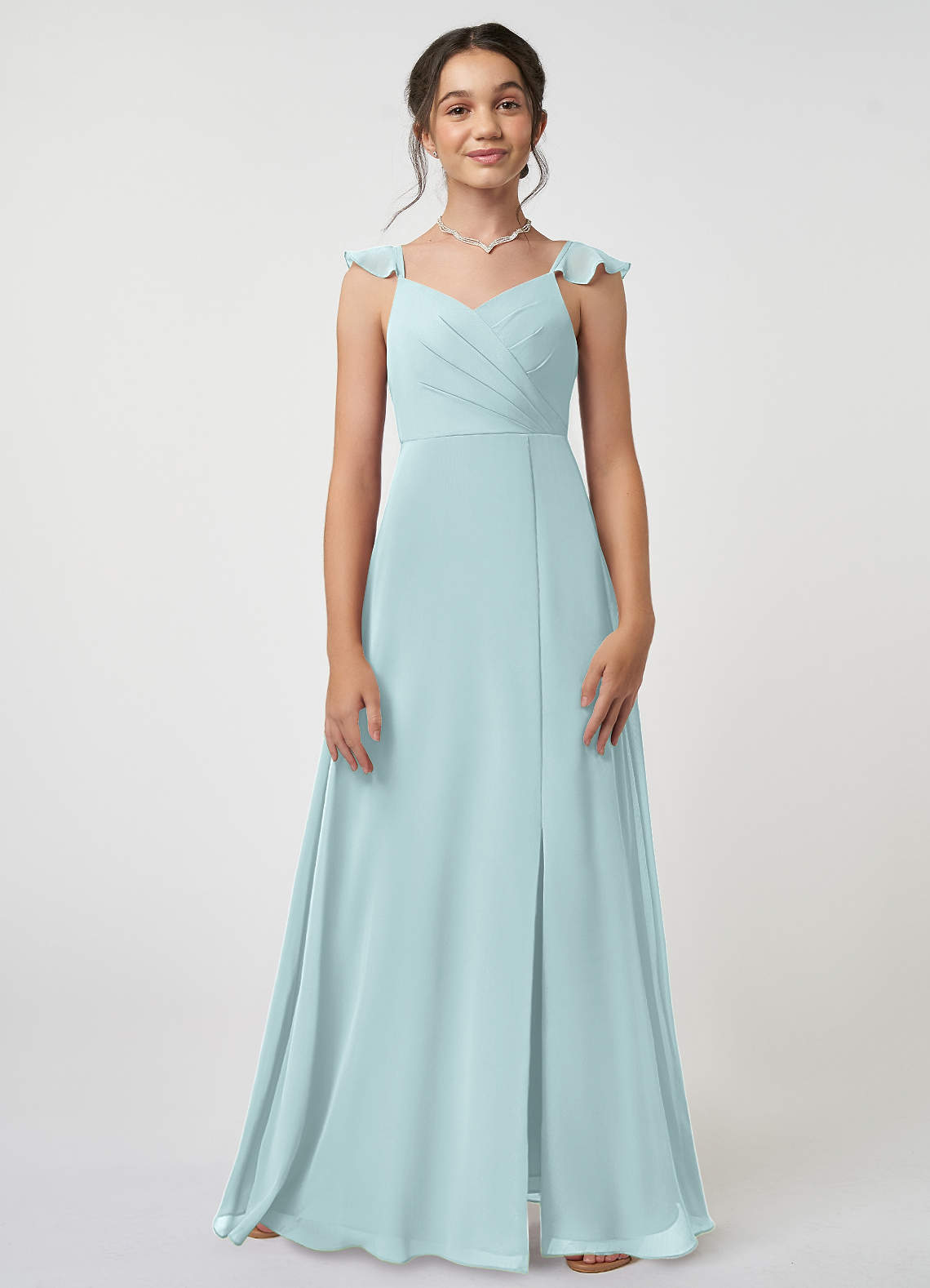 Azazie Amada Junior A-Linie Gestreift Chiffon Kleid Nebel image1