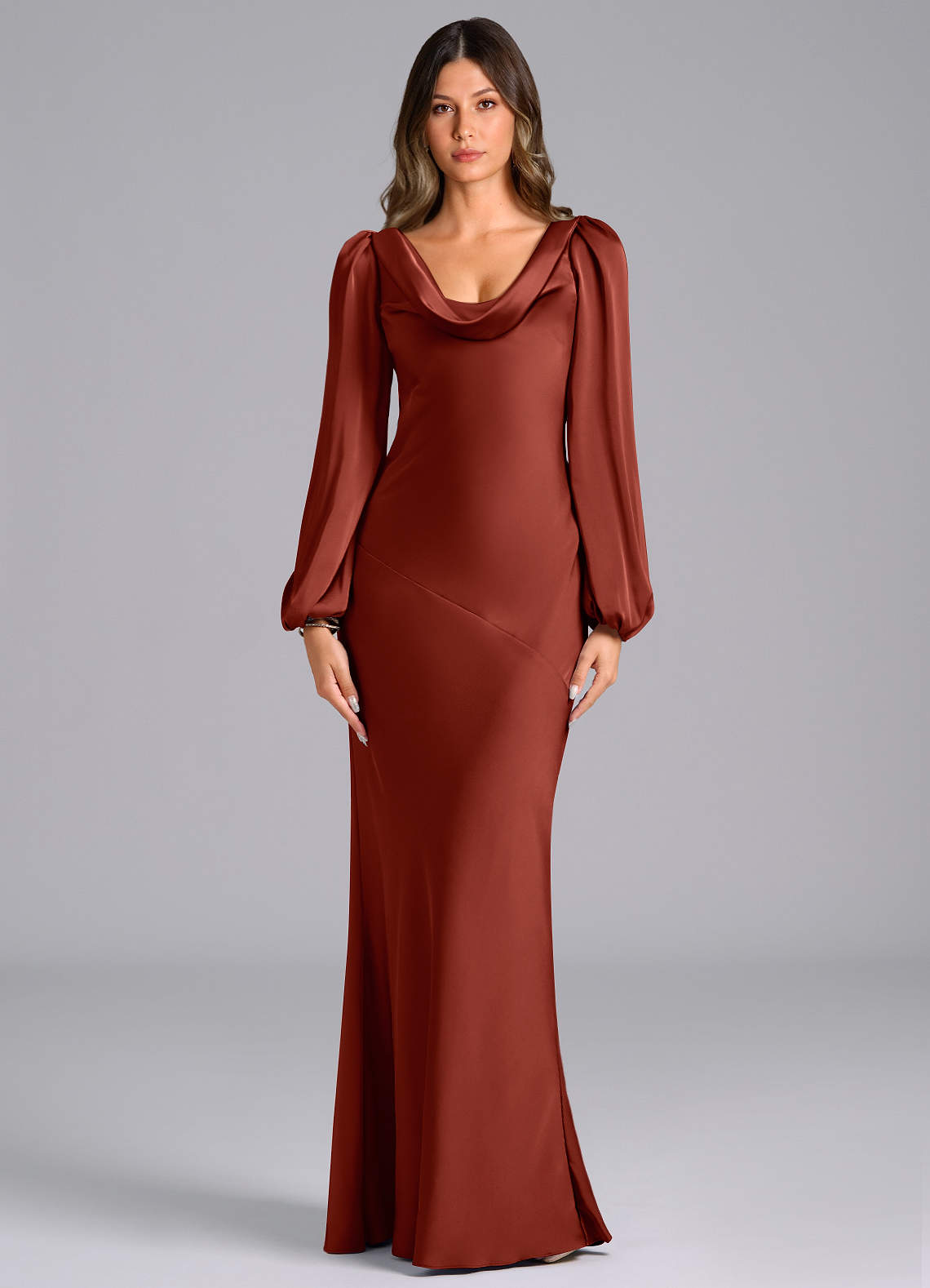 Azazie Rylina Bridesmaid Dresses Terracotta Mermaid Long Sleeve Stretch Satin Dress image1