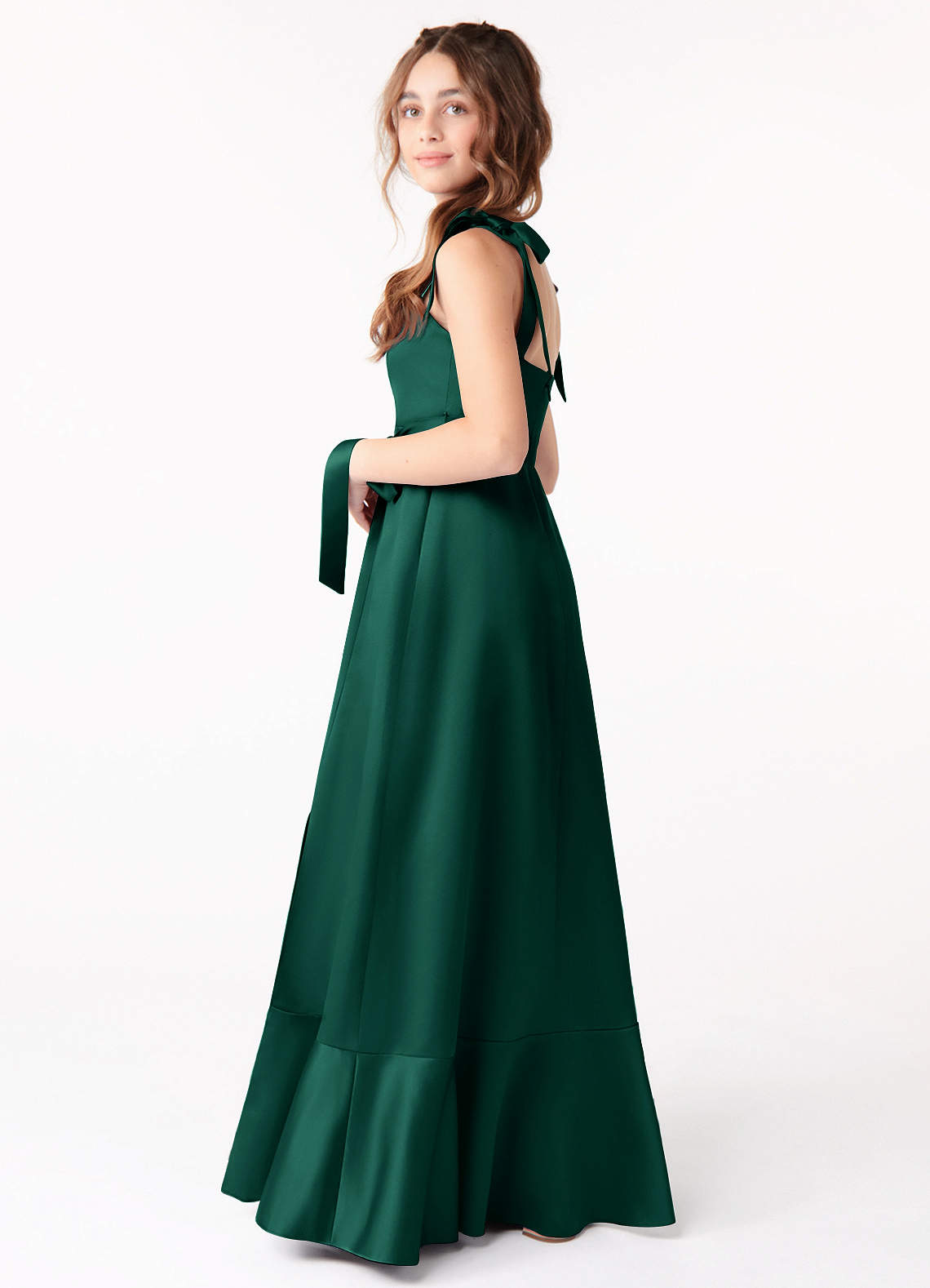 Azazie Barbara Junior Vestido Esmeralda de Cetim elástico de Linha A com Arco image1