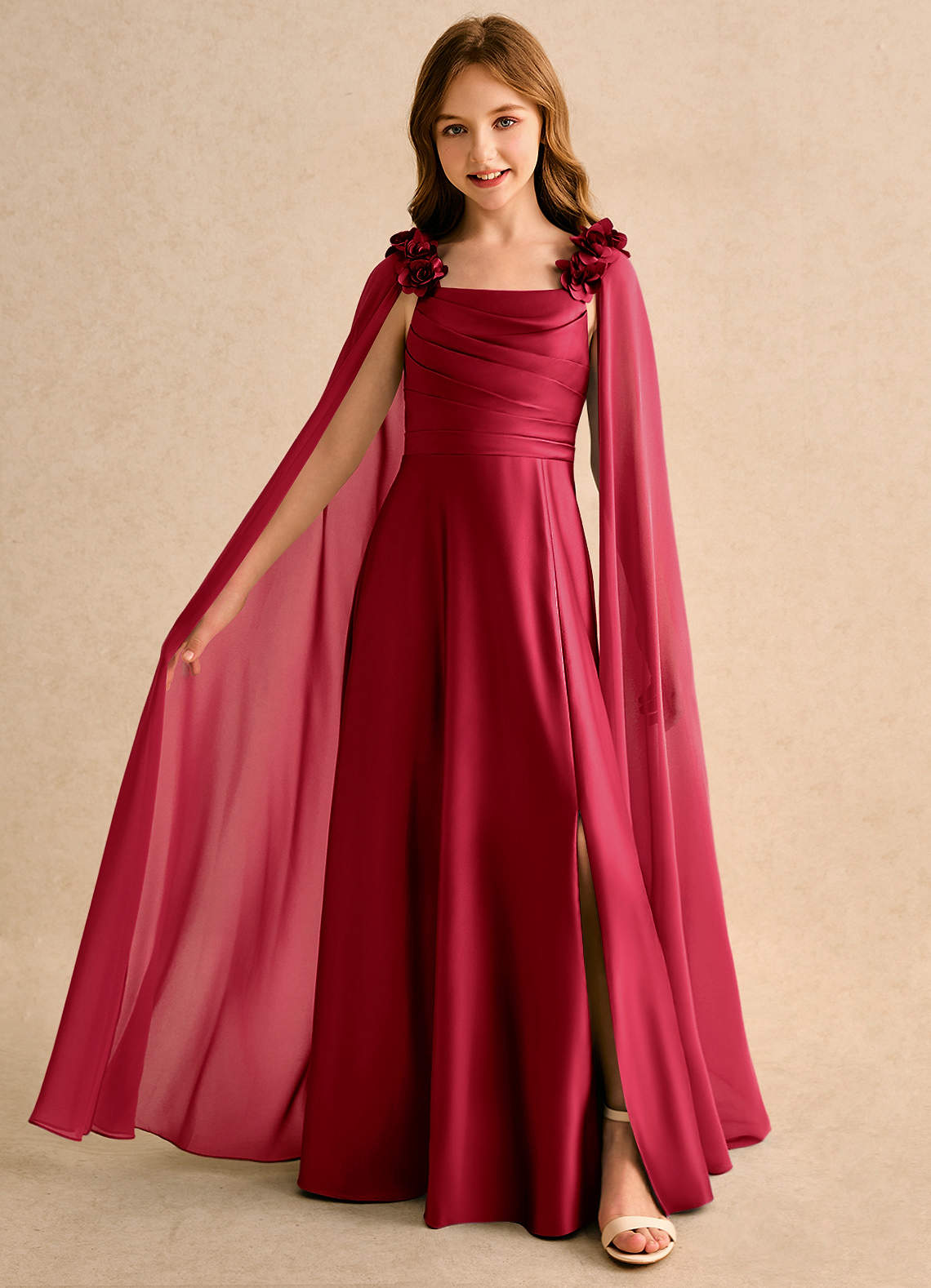 Azazie Rosita Girls Formal Scarlet A-Line Pleated Matte Satin Dress | Azazie