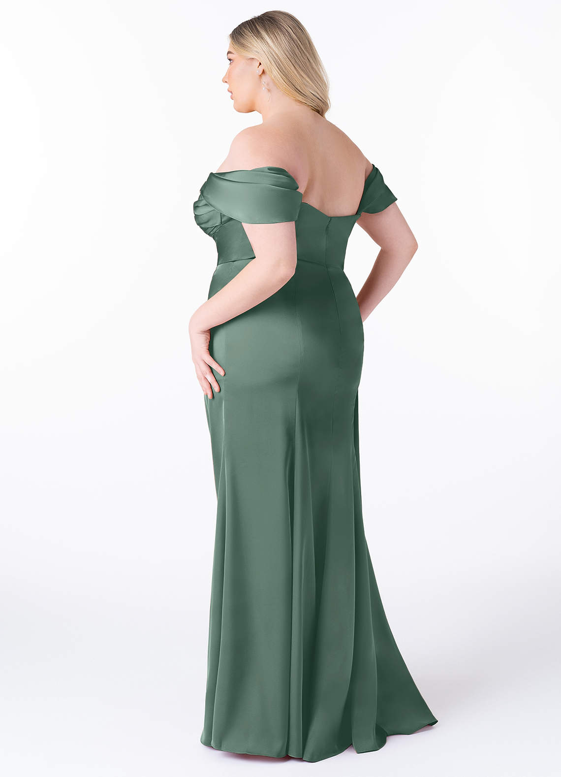 Azazie Amyra Bridesmaid Dresses Eucalyptus Mermaid Off the Shoulder Stretch Satin Convertible Dress image12
