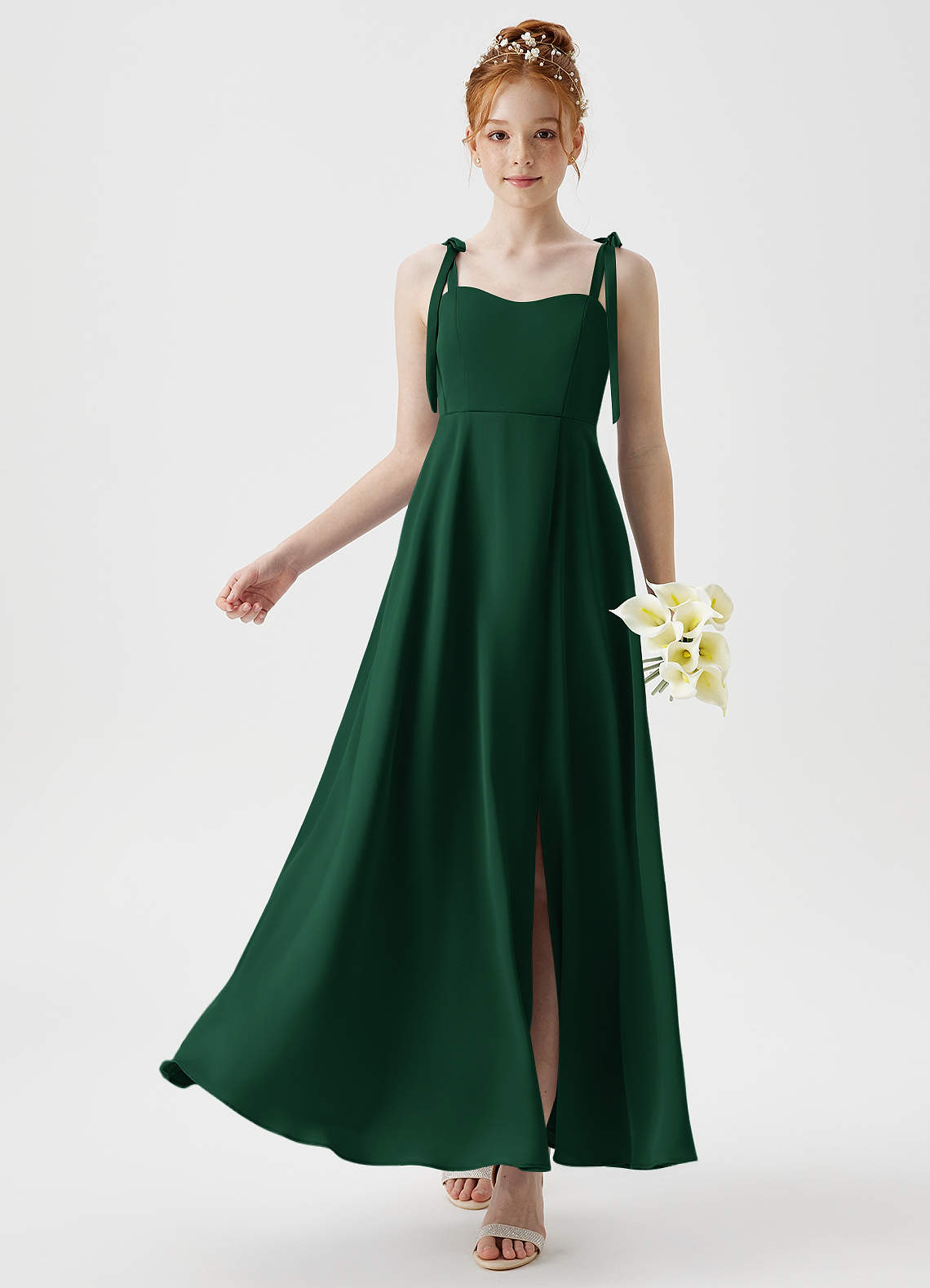 Azazie Rosey Junior Robe Trapèze en Satin extensible Encolure en Forme de Cœur Vert Foncé image1