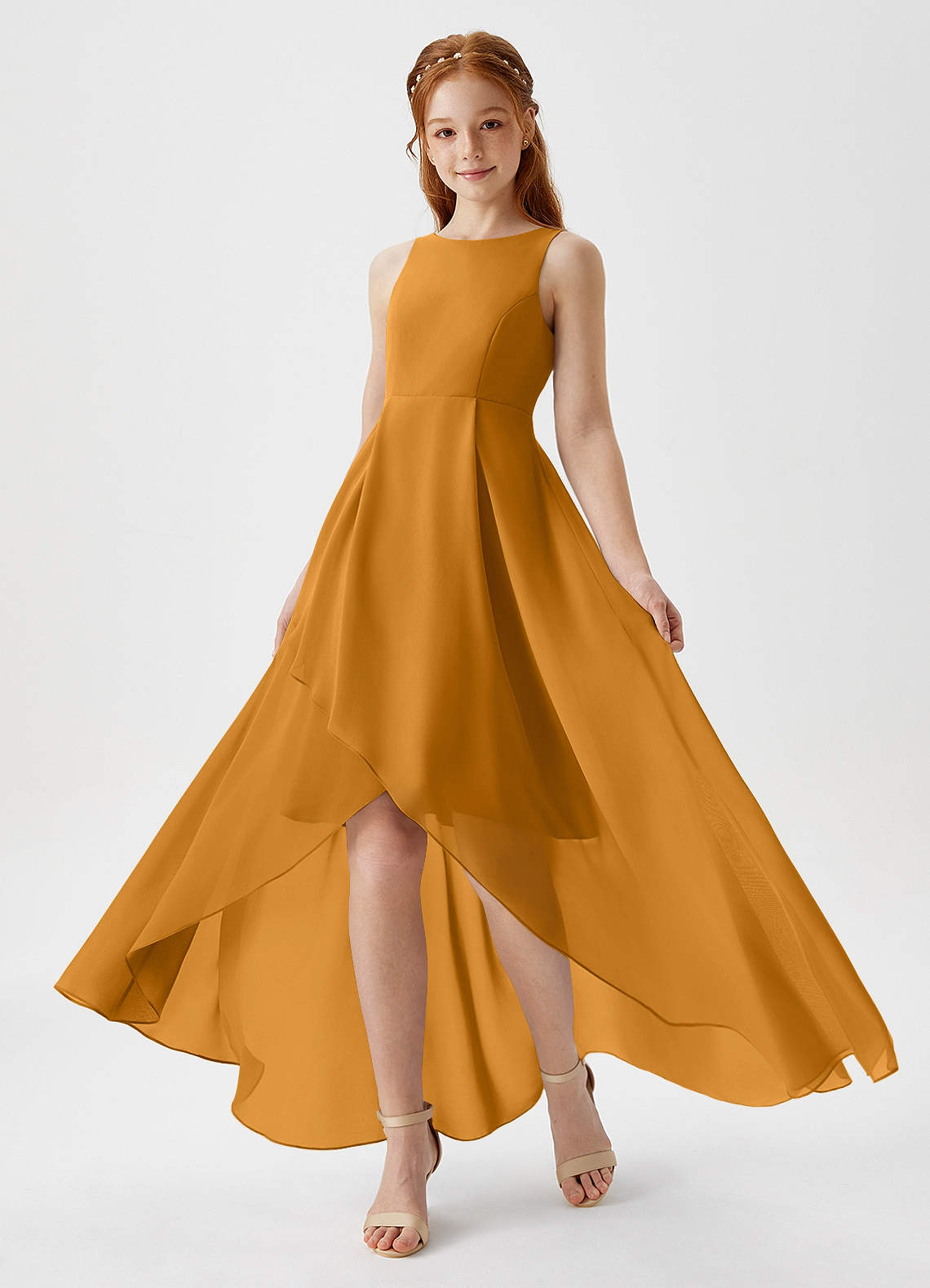 Azazie Lizette Junior Butterscotch A-Line Pleated Chiffon Dress image1