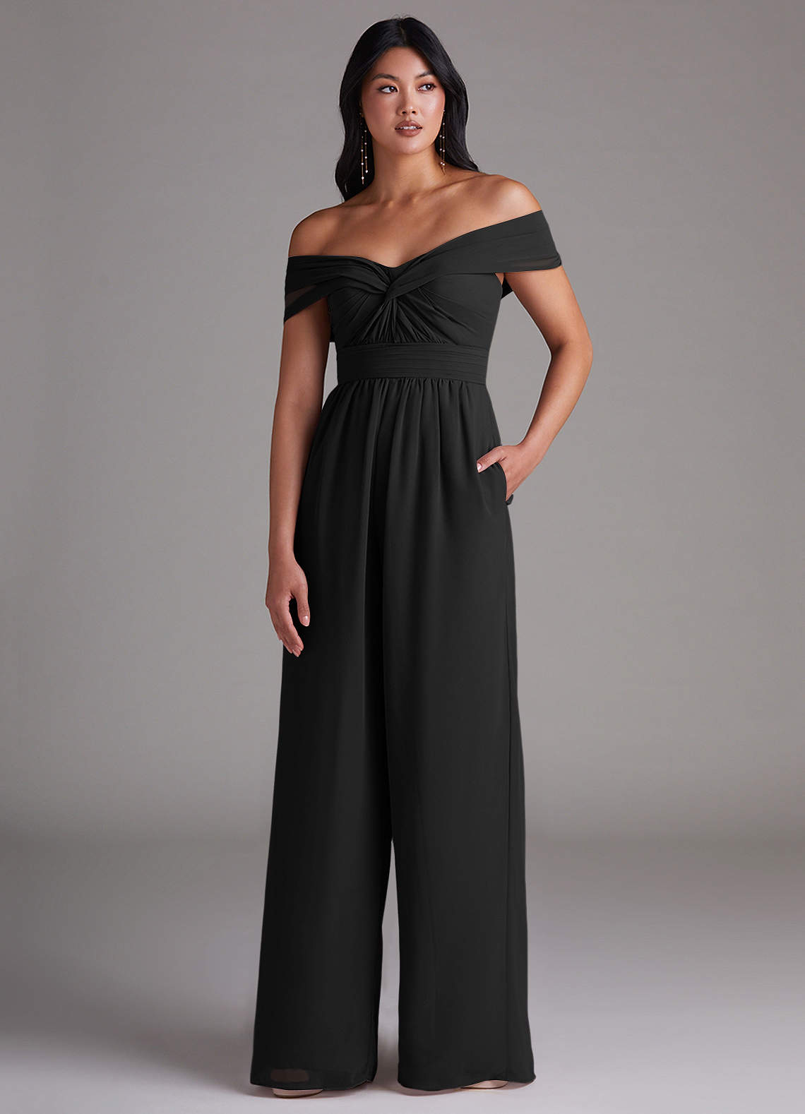 Azazie Lamara Brautjungfernkleider Wandelbar Schulterfrei Chiffon Overall/Jumpsuit Schwarz image1