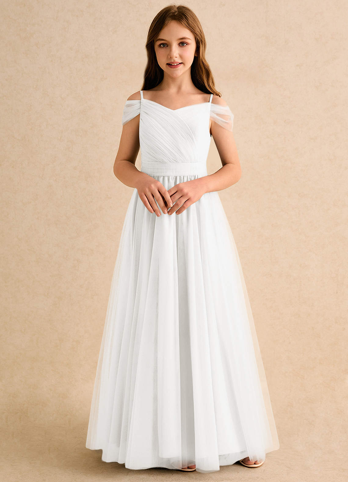 Azazie Yuna Girls Formal Kukkatyttöjen mekot A-linja Olkapään ulkopuolella Tylli Lattian pituus Pukeutua image3