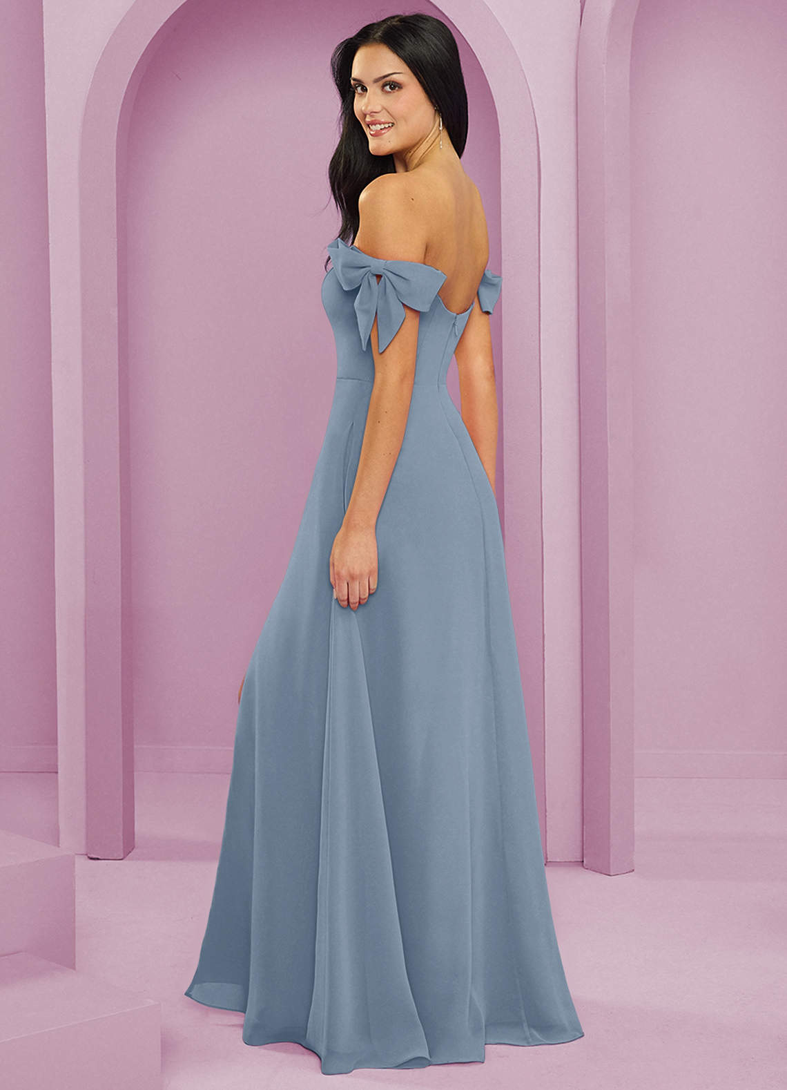 open lace back dress Zapaka Women Dusty Blue Bridesmaid Dress Detachable Straps A Line Chiffon Wedding Party Dress, Purple / US14