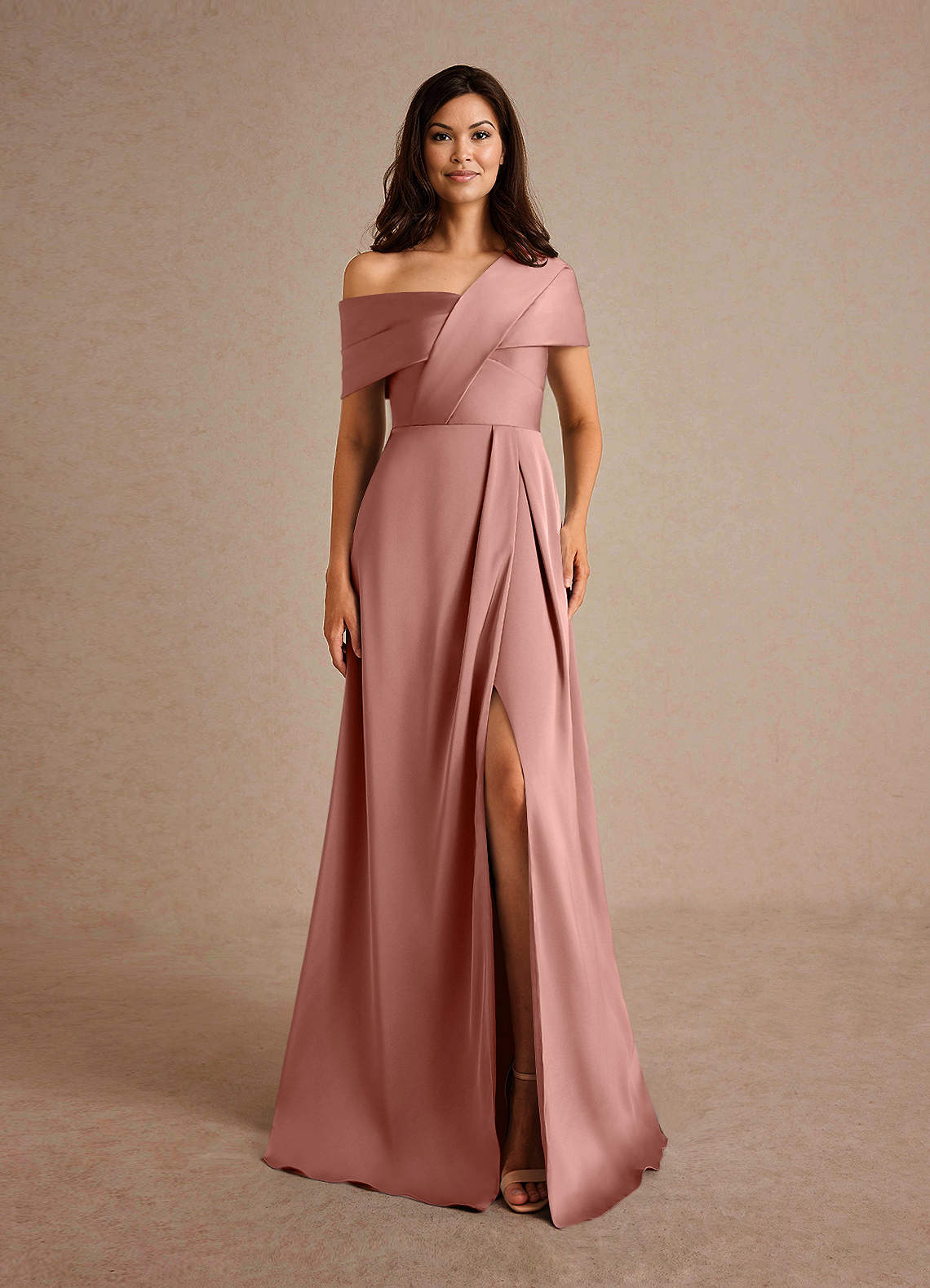 Azazie Milton Mother of the Bride Dresses Rosette A-Line Pleated Stretch Satin Dress image6