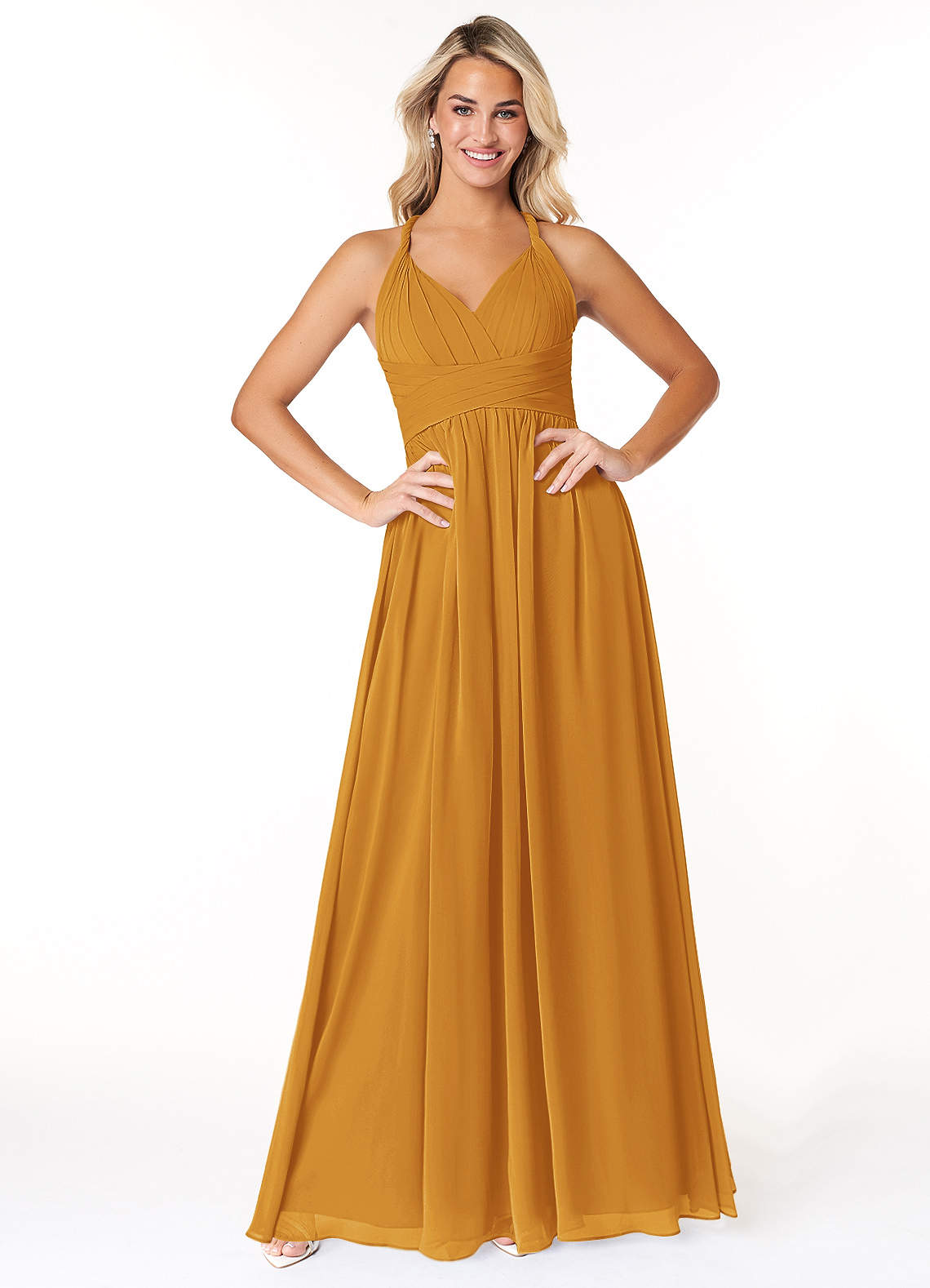 Azazie Ashia Brautjungfernkleider A-Linie Plissee Chiffon Kleid Butterscotch image1