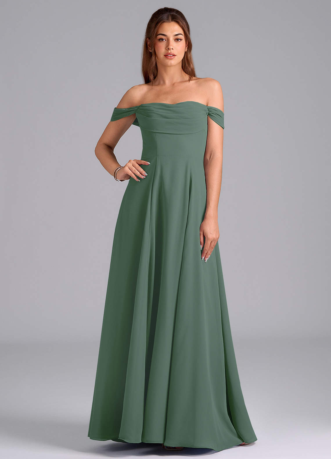 Azazie Almina Bridesmaid Dresses Eucalyptus A-Line Off the Shoulder Chiffon Convertible Dress image1
