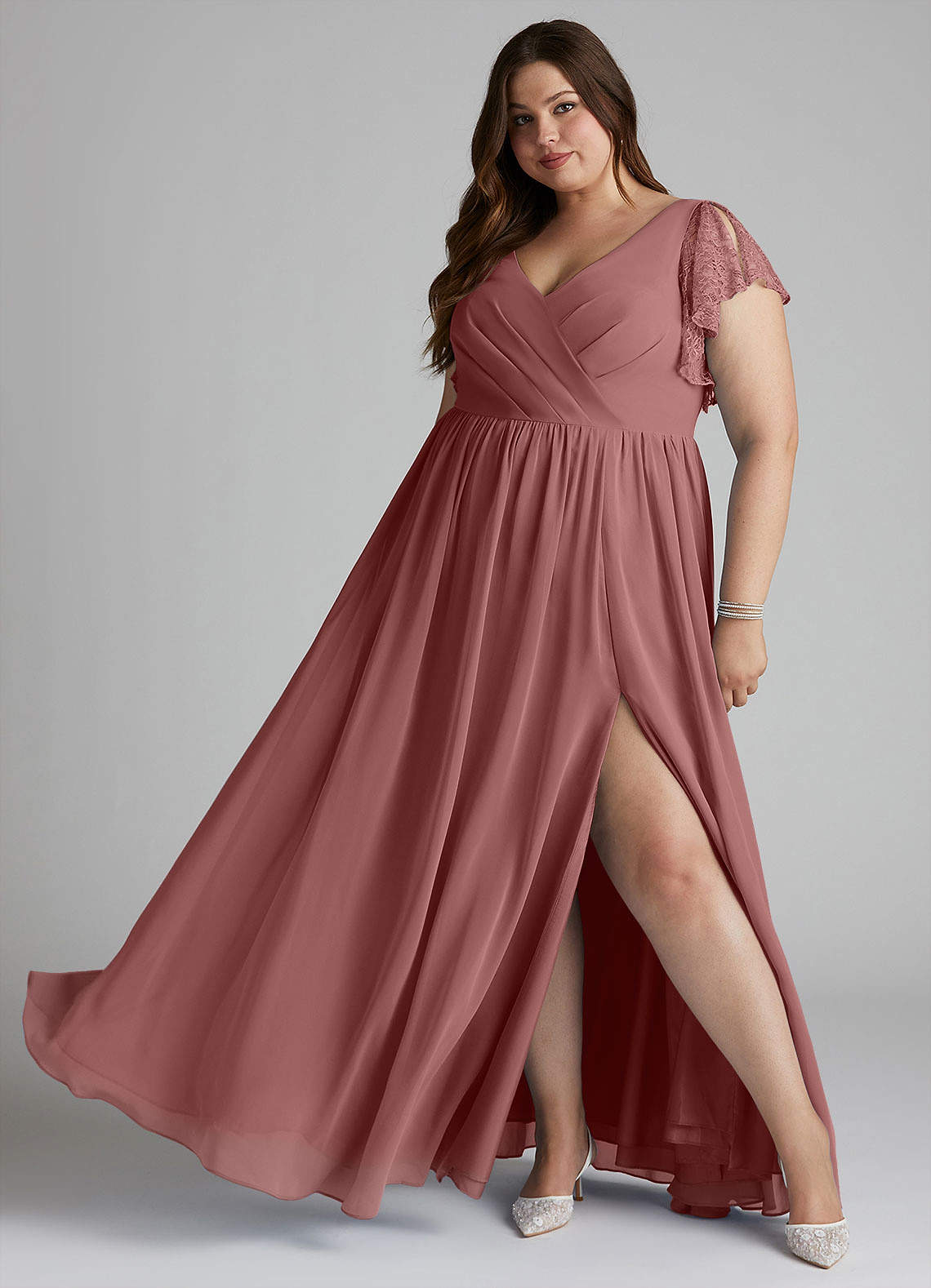 Azazie Zella Bridesmaid Dresses Desert Rose A-Line Lace Chiffon Dress image1