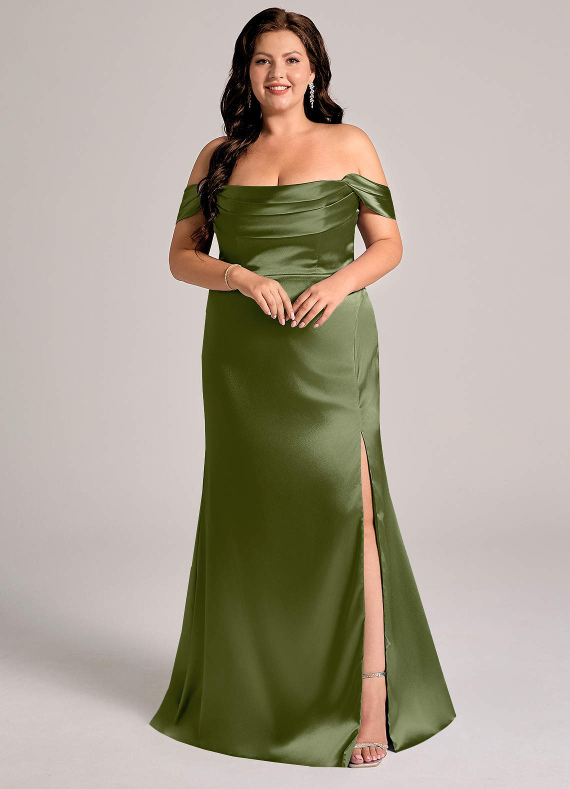 Azazie Saige Bridesmaid Dresses Olive Sheath Off the Shoulder Metallic Satin Convertible Dress image1